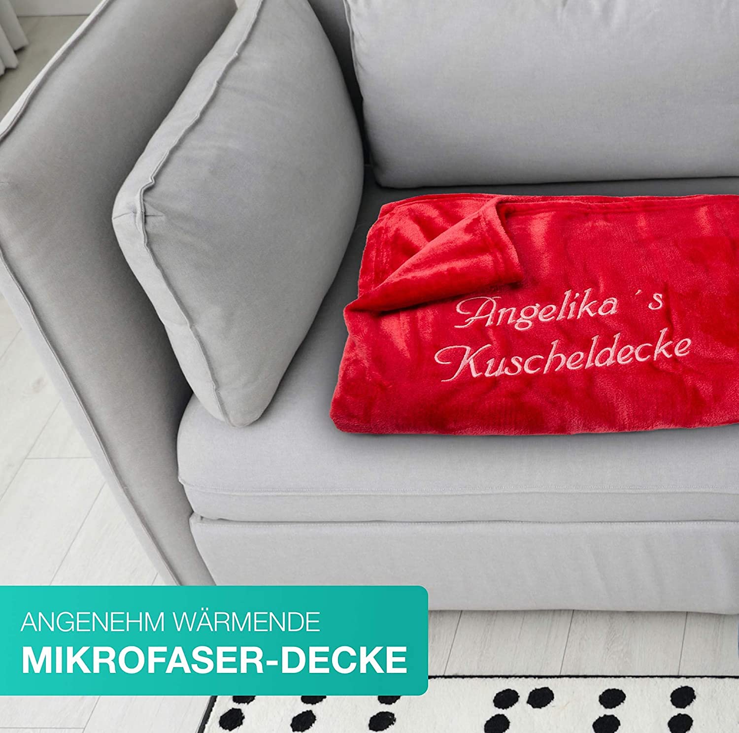 Kuscheldecke XXL - 180 x 220 cm - Individuell anpassbar Bestickt mit Namen und Text - Hochwertige Decke - Tagesdecke - Farbe Altrosa - Stickfarbe wählbar