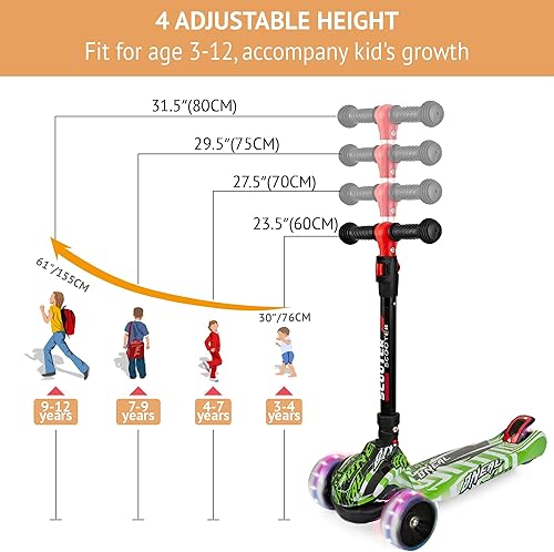 Miniatura 4 de Scooter para niños de 3 a 12 años, plegable y ajustable en altura con carrocería de graffiti, cubierta antideslizante y ruedas iluminadas de