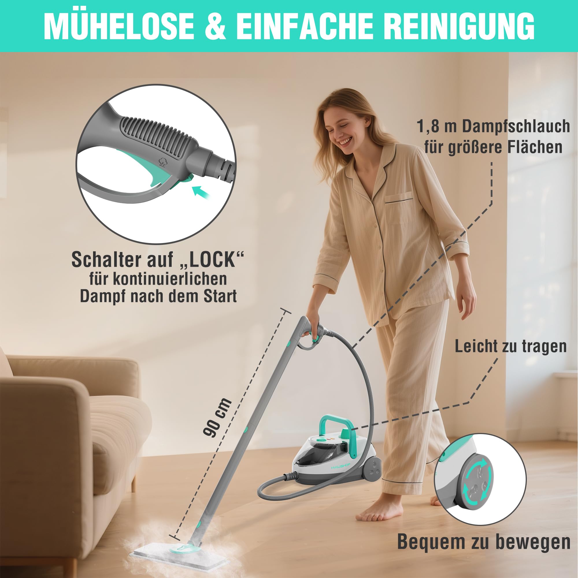 HAUSHOF Dampfreiniger 1800 W, mit 1,5 L Tank, max. 4 ,0 bar Dampfdruck, Aufheizzeit 8 Min, Dampfzeit bis zu 30 Min, inkl. 17 Zubehör & 3 m Netzkabel, für Boden, Teppich, Fenster & Küche, Weiß-Grün