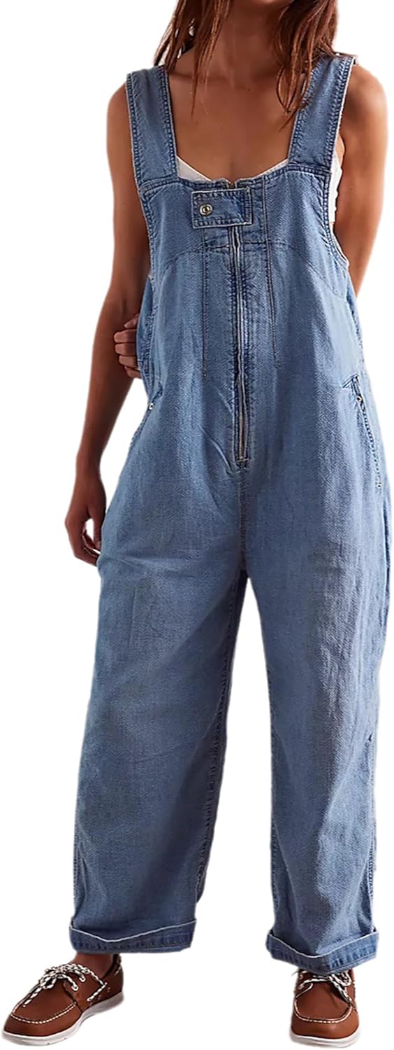 Women's Casual Denim Bib Overalls Sleeveless Zipper Baggy Wide Leg Jean Jumpsuits with Pockets