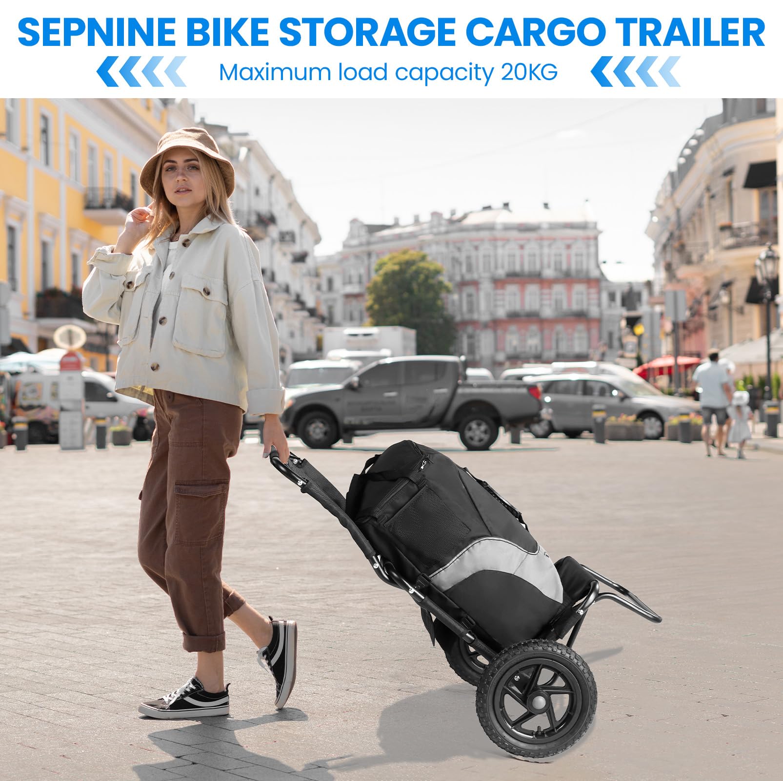 SEPNINE Rimorchio per carico bicicletta 2 in 1, carrello per la spesa, carrello a mano, telaio in acciaio legato, leggero pieghevole con pneumatici da 30 cm, peso di carico 20 kg