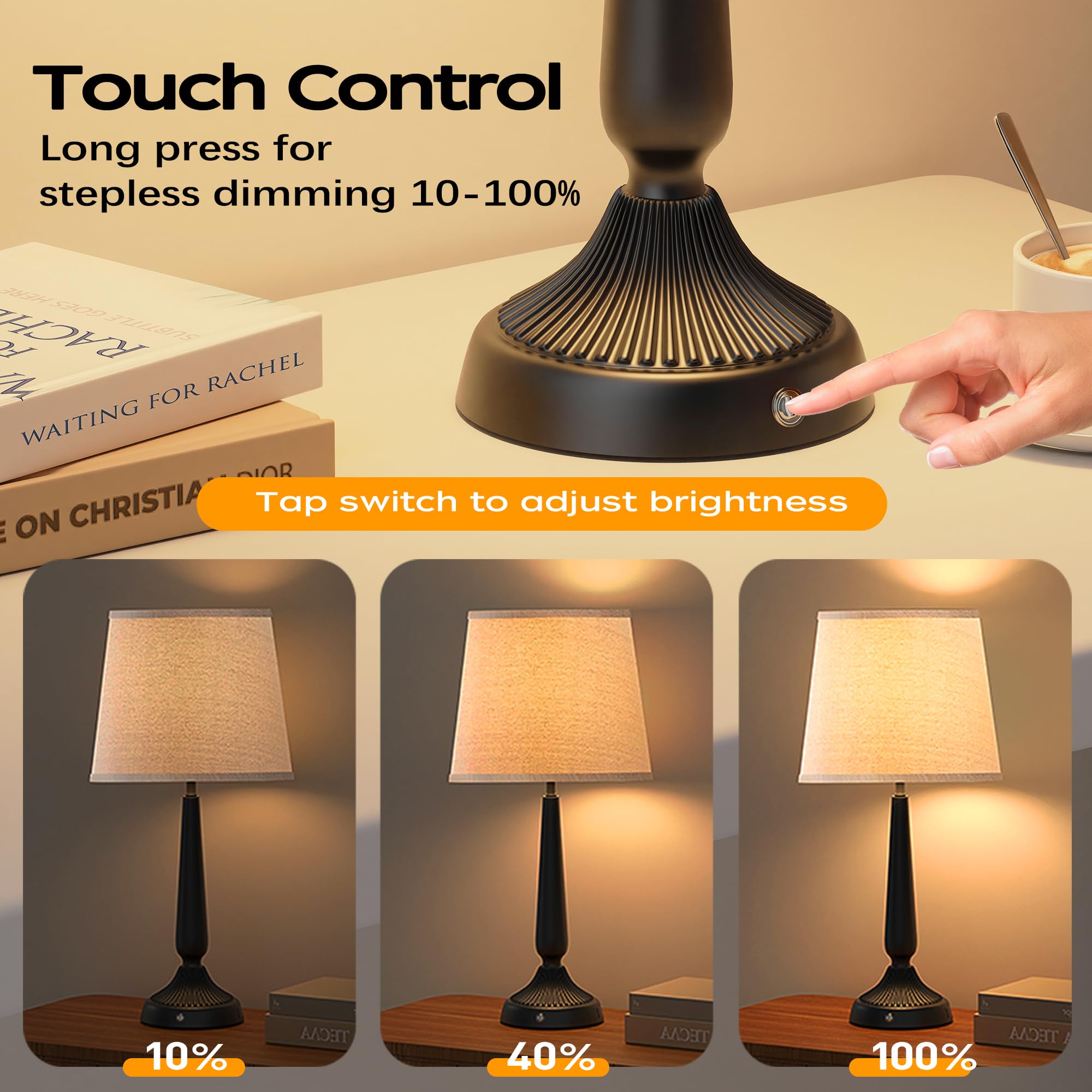 PARTPHONER Touch Table Lamps for Bedroom Set of 2, Bedside Nightstand Lamps with USB Port and Power Outlet, 3 Way Dimmable White Lamp for Living Room Nursery Room, Daylight White Bulbs Included