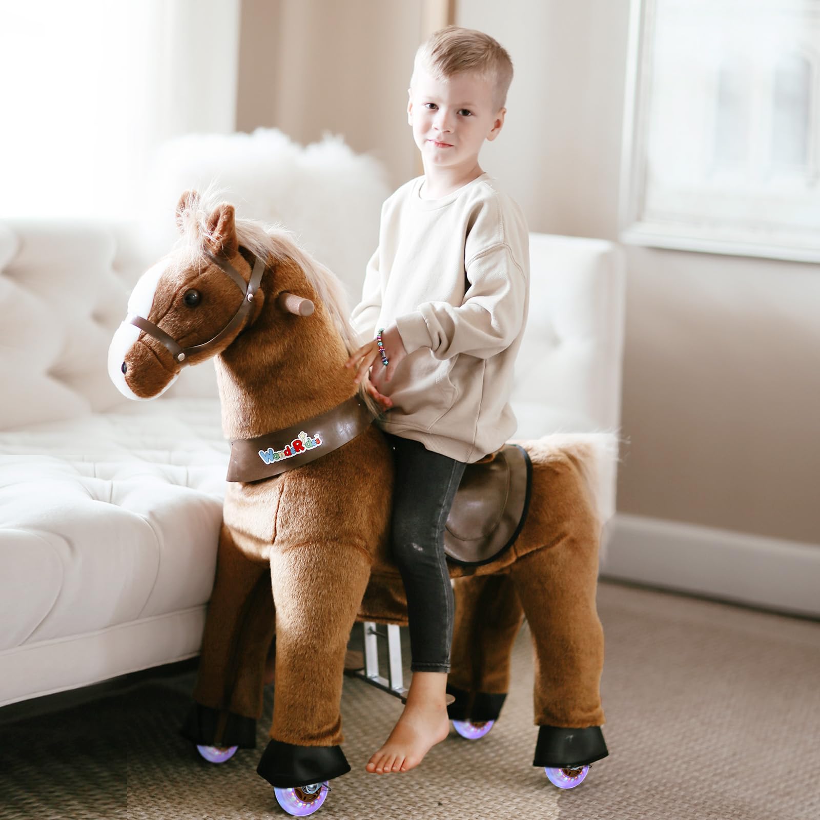 WondeRides Ride On Horse Riding Pony Toy Size 3 for Kids 3-4 Years, 30.1 Inch Height Plush Riding Horse Walking Animal Glide Pony Ride for Boys and Girls