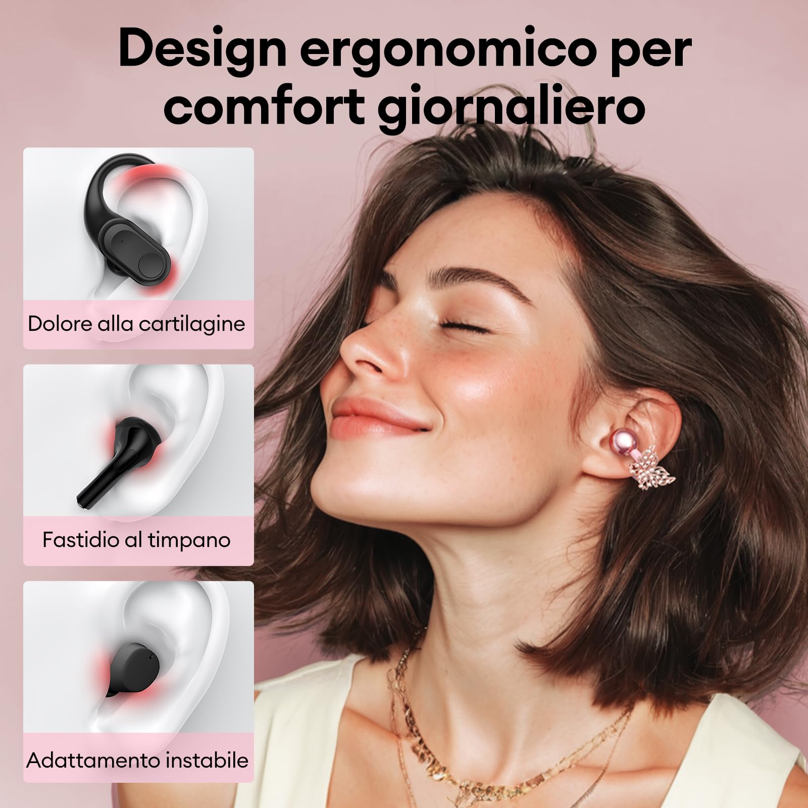 ZOMBIES CAT Cuffie Open Ear Clip-on con Schermo Touch & Orecchini Farfalla Rimovibile – Auricolari Bluetooth 5.4, Audio HiFi, Auricolari Open Ear Design Elegante per Sport e Tempo Libero, M100 Rosa