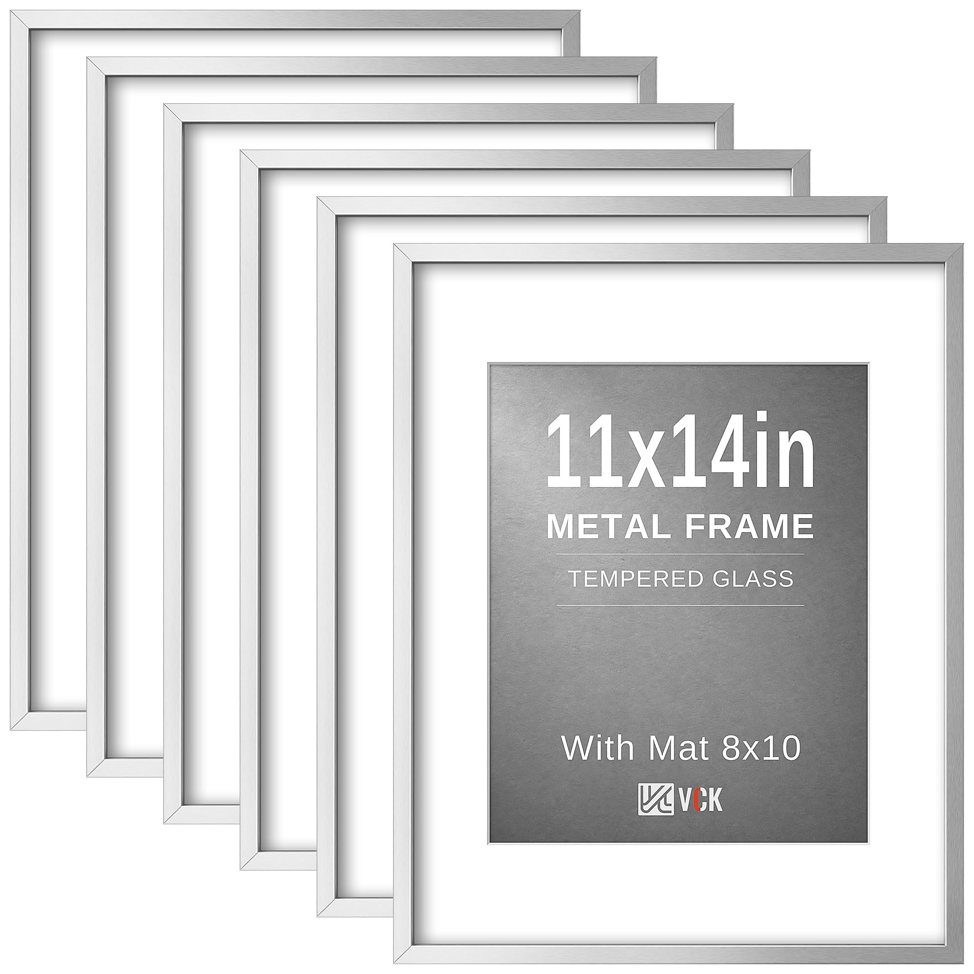 VCK 11x14 Picture Frame Silver Metal, Real Glass, 8x10 Mat, 6 Pack for Arts