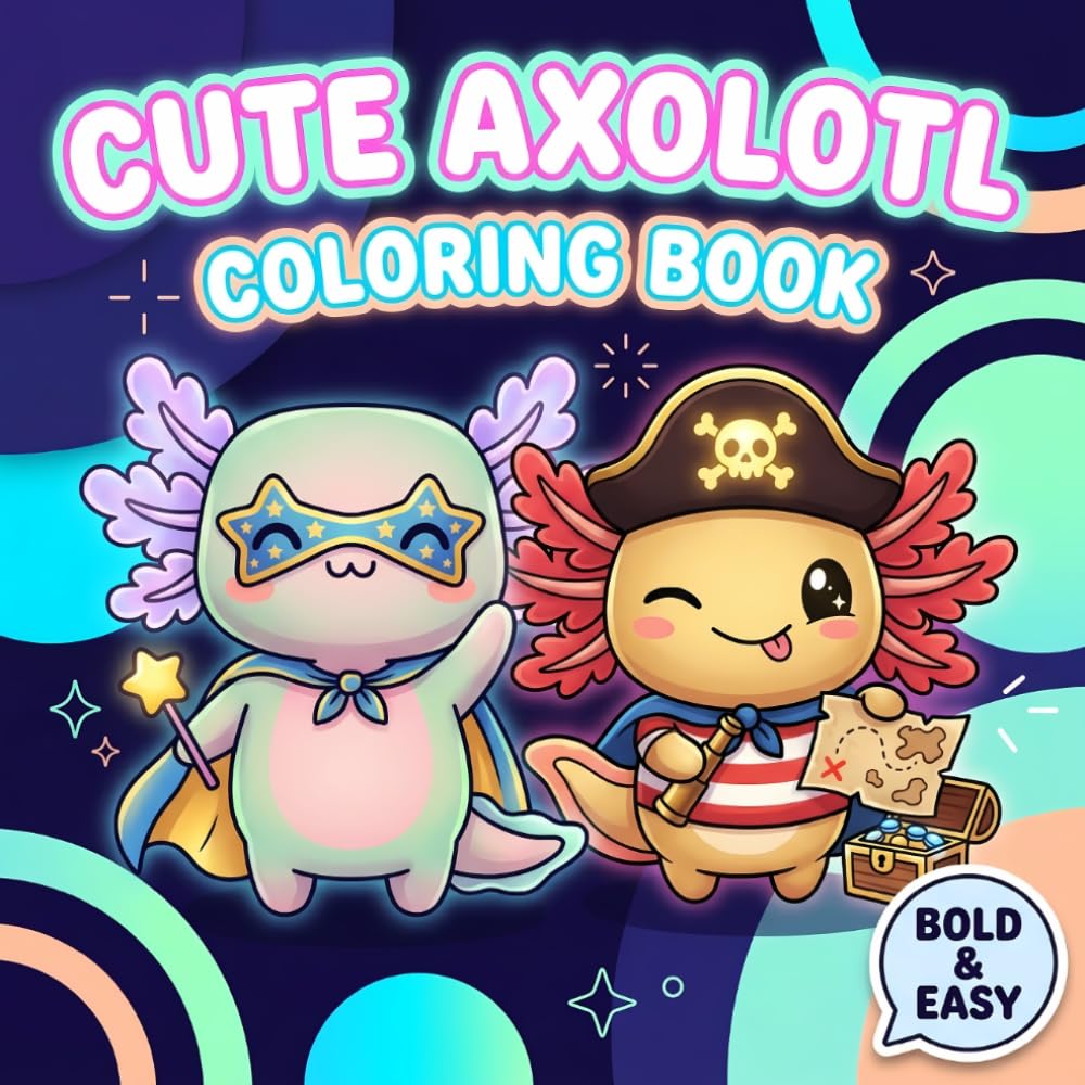 Cute Axolotl Coloring Book: Over 60 Adorable and Easy Amphibian Designs for Kids and Teens Seeking Stress Relief and Creative Fun