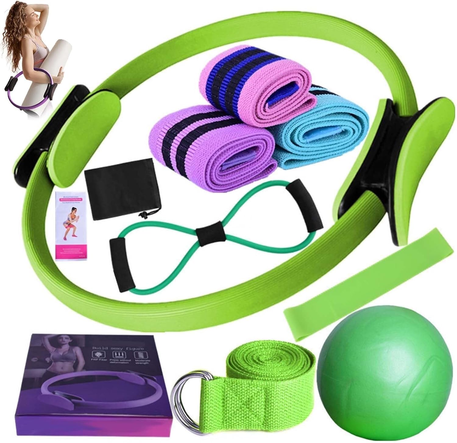 ピラティス エッセンシャル キット – ブーティー バンド、25cm ヨガ ボール、臀筋、ストレッチ、自宅トレーニング用のフィギュア