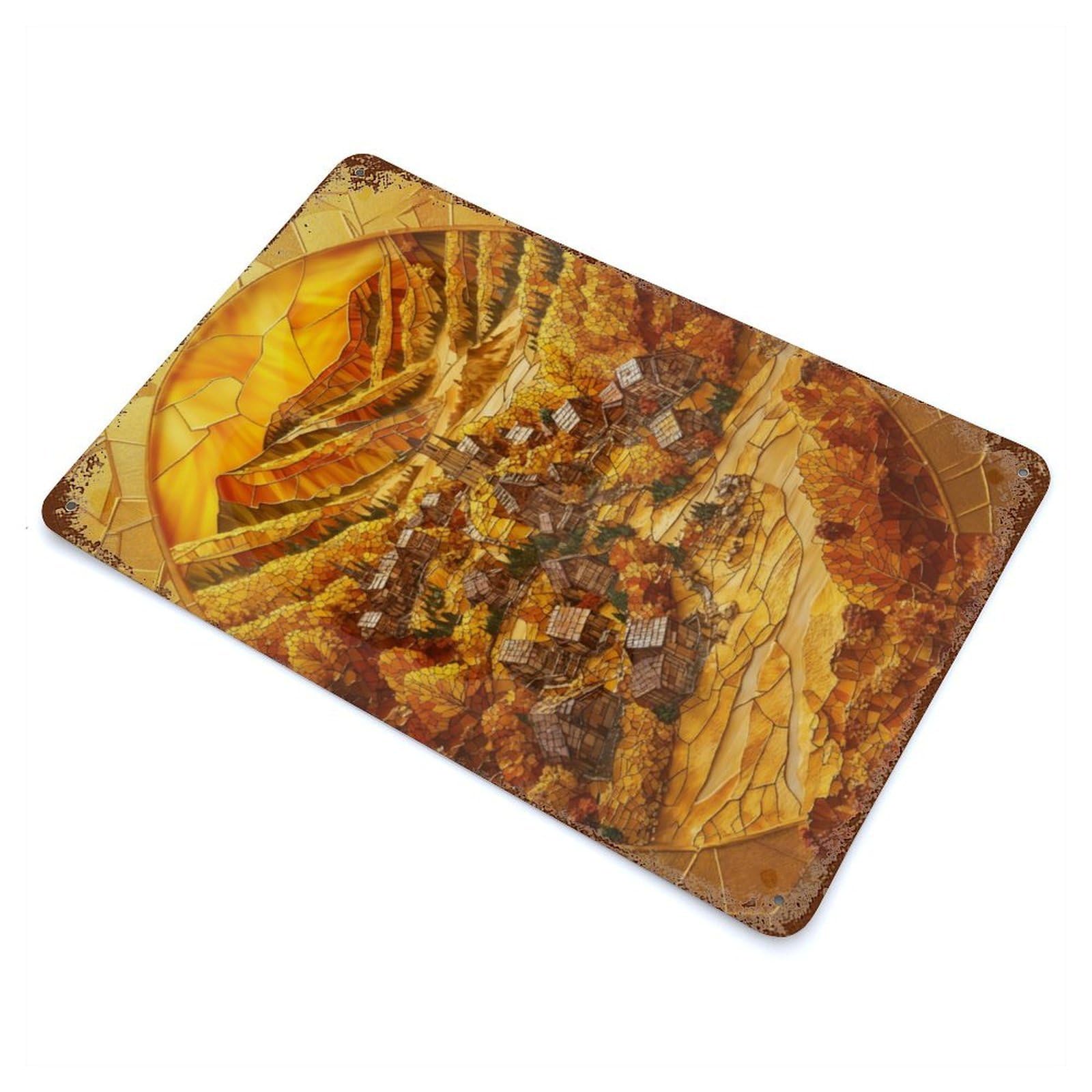 Aged Metal Wall Plaque with Autumn Mosaic Village Design 11.8"x7.9", for Basement, Hobby Room And Garage Decor, Farmhouse Wall Decor