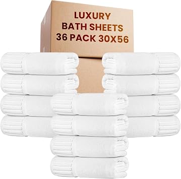 Ryotei Luxury Large Bath Sheets Bulk 36 Pack 30x56 Inch White | 2-Ply 100% Combed Cotton 700 GSM | Super Soft, Absorbent & Durable Hotel Quality Towels for Spas, Gyms, Resorts & Vacation Rentals