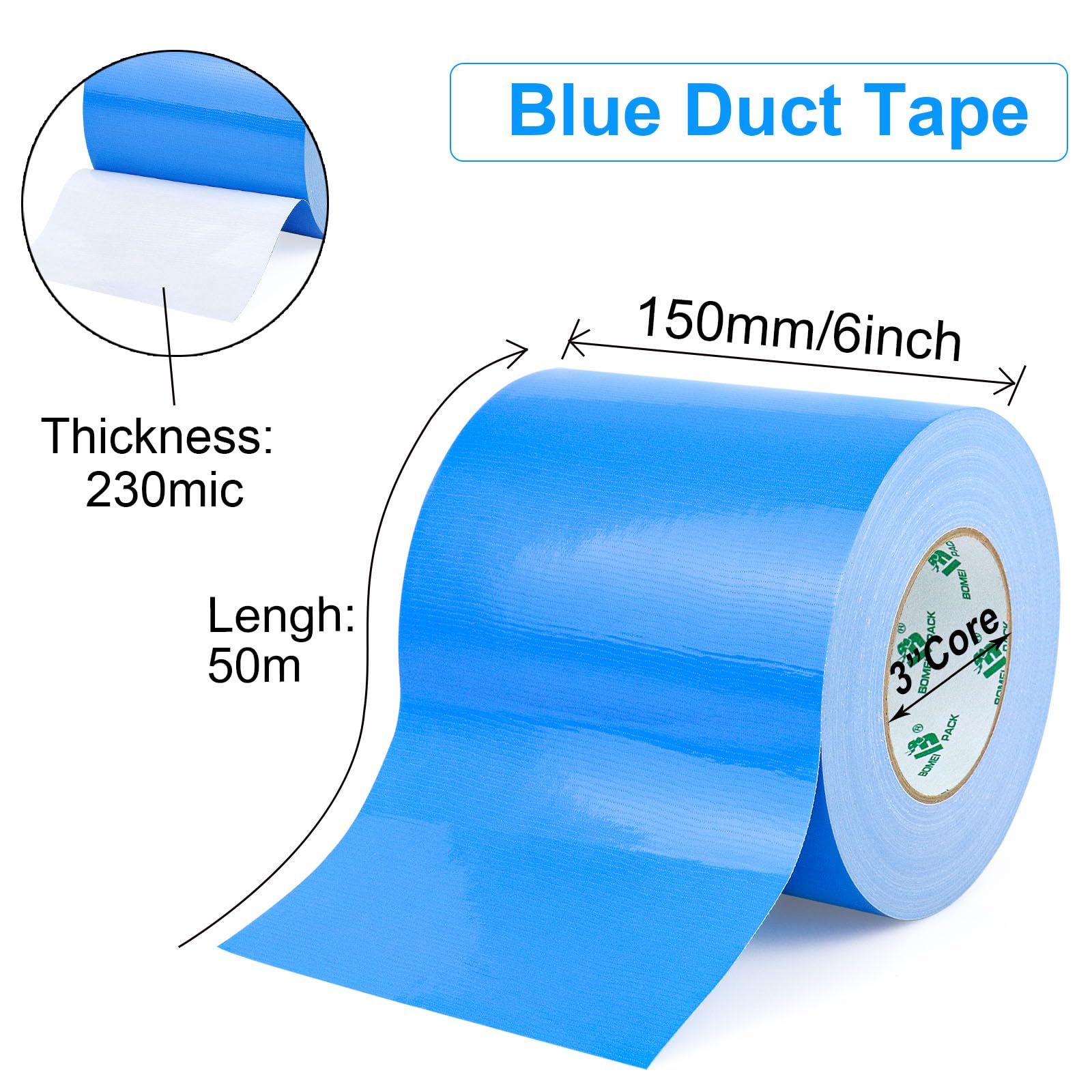 BOMEI PACK Cinta adhesiva de tela azul de 150 mm x 50 m, reforzada, resistente al agua, cinta adhesiva resistente para fijar reparaciones, cajas de etiquetado de manualidades, sellado y flejes para