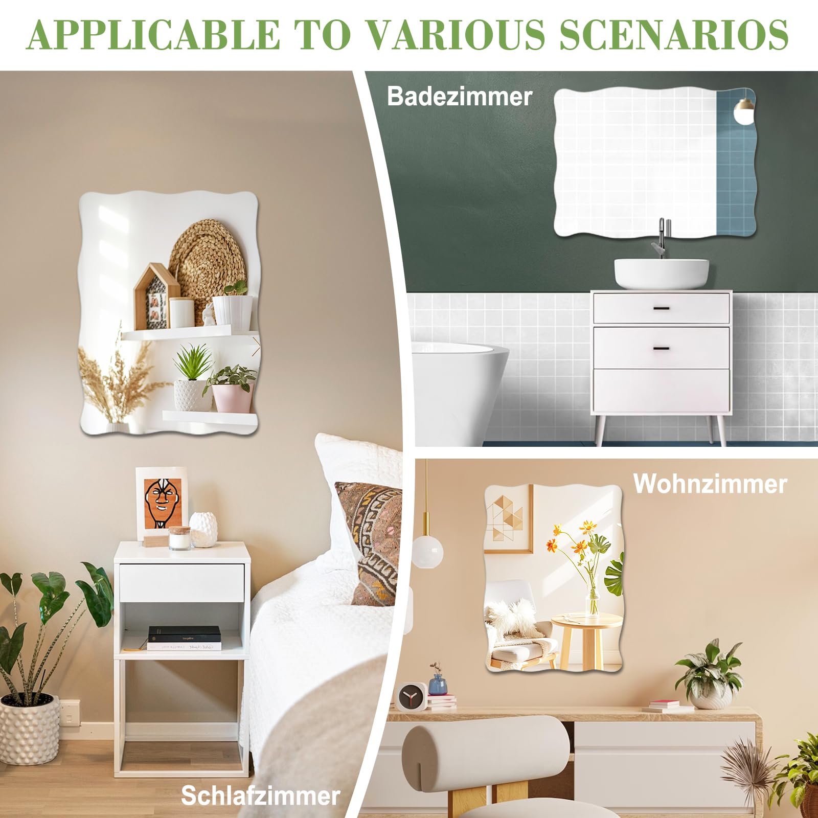 Miroir Mural Moderne Miroirs Autocollants Acrylique Bord Ondulé 40×30cm Miroir Adhesif Mural Autocollant pour Salle de Bain, Chambre, Entree Maison