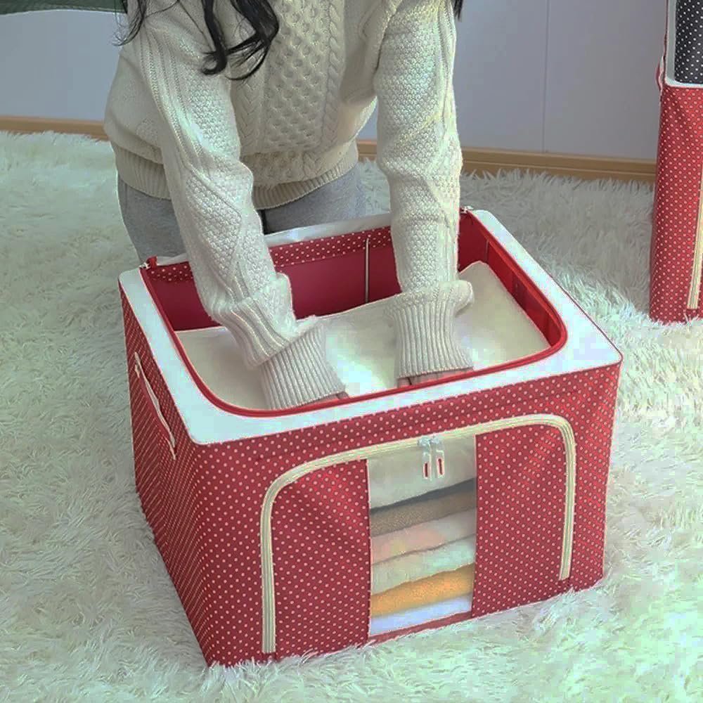 STORIA Clothes Storage Box, Polka Dot, 55 Litre, Rectangular Foldable Clothes Storage Box/bin Boxes Extra Foldable Stackable Container Organizer,Cloth Storage Bags with Zip, Oxford Fabric (Maroon)