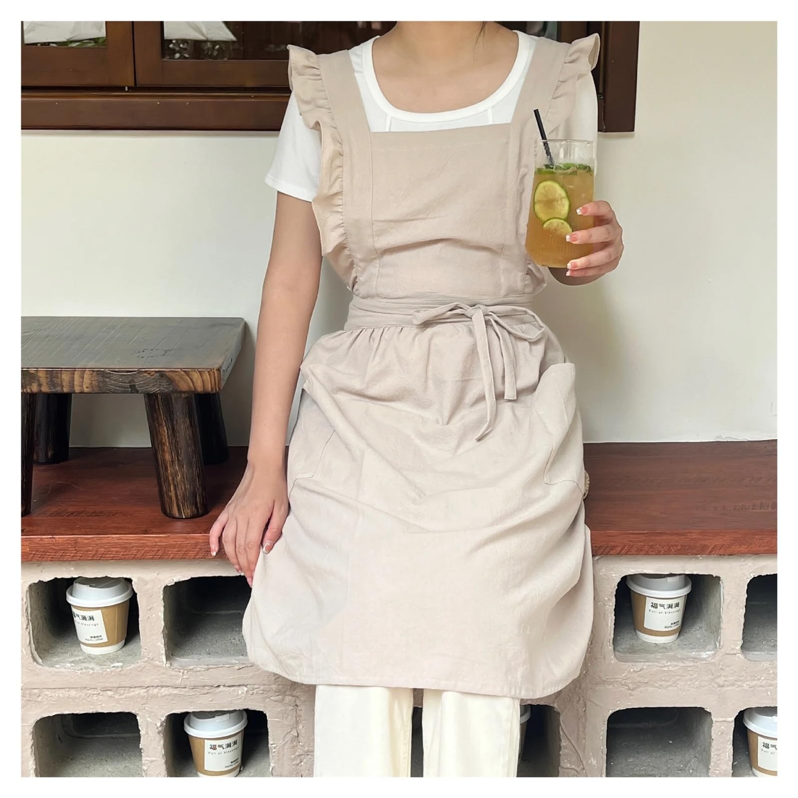 Schürze Herren Baumwoll-Leinen-Schürze for Damen, gekreuzte Rückseite, Küchen- und Kochschürzen mit Taschen, Vintage-Schürze for Backen, Gärtnern, Arbeiten, Trägerkleid