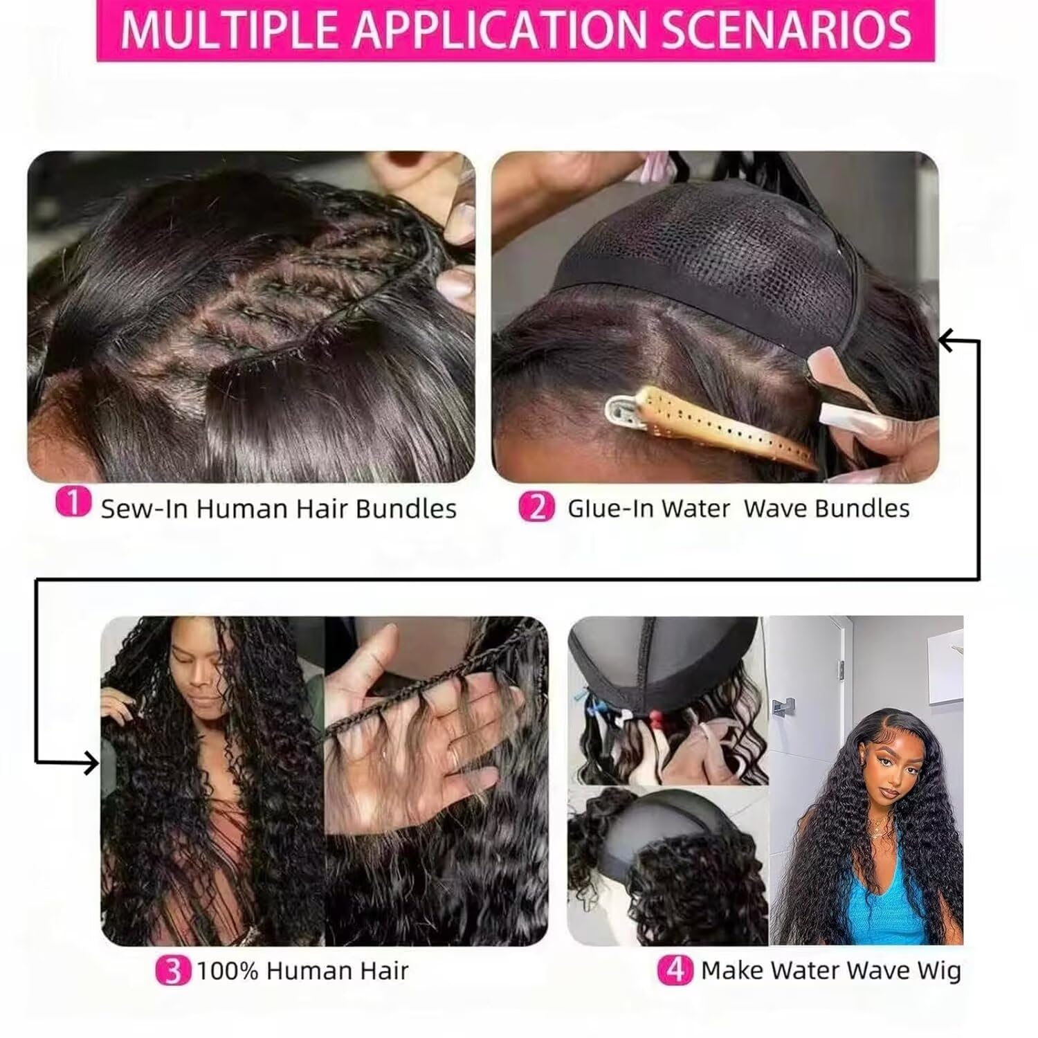 Paquetes de cabello humano rizado brasileño Water Wave Human Hair Bundles With Closure Natural Humano Cabello Humano Ondulado Color Negro Nnatural 3 Bundles total 330g 22 24 26+20 pulgadas