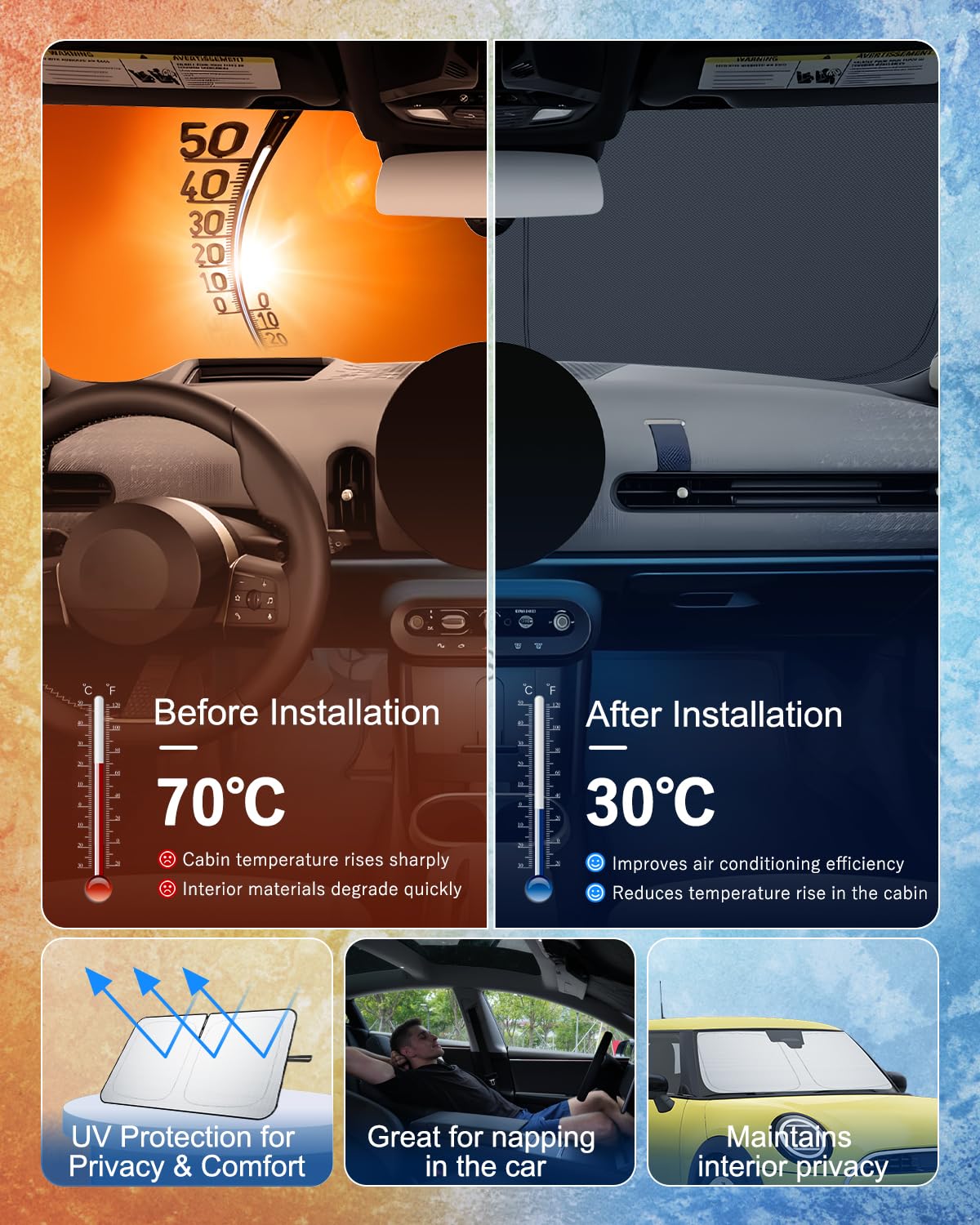 BIBIBO Osłona przedniej szyby kompatybilna z Mini Cooper F65 F66 2024 2025 2026 (wersja benzynowa), osłona przedniej szyby, składana, z ochroną przed promieniowaniem UV, osłona przeciwsłoneczna
