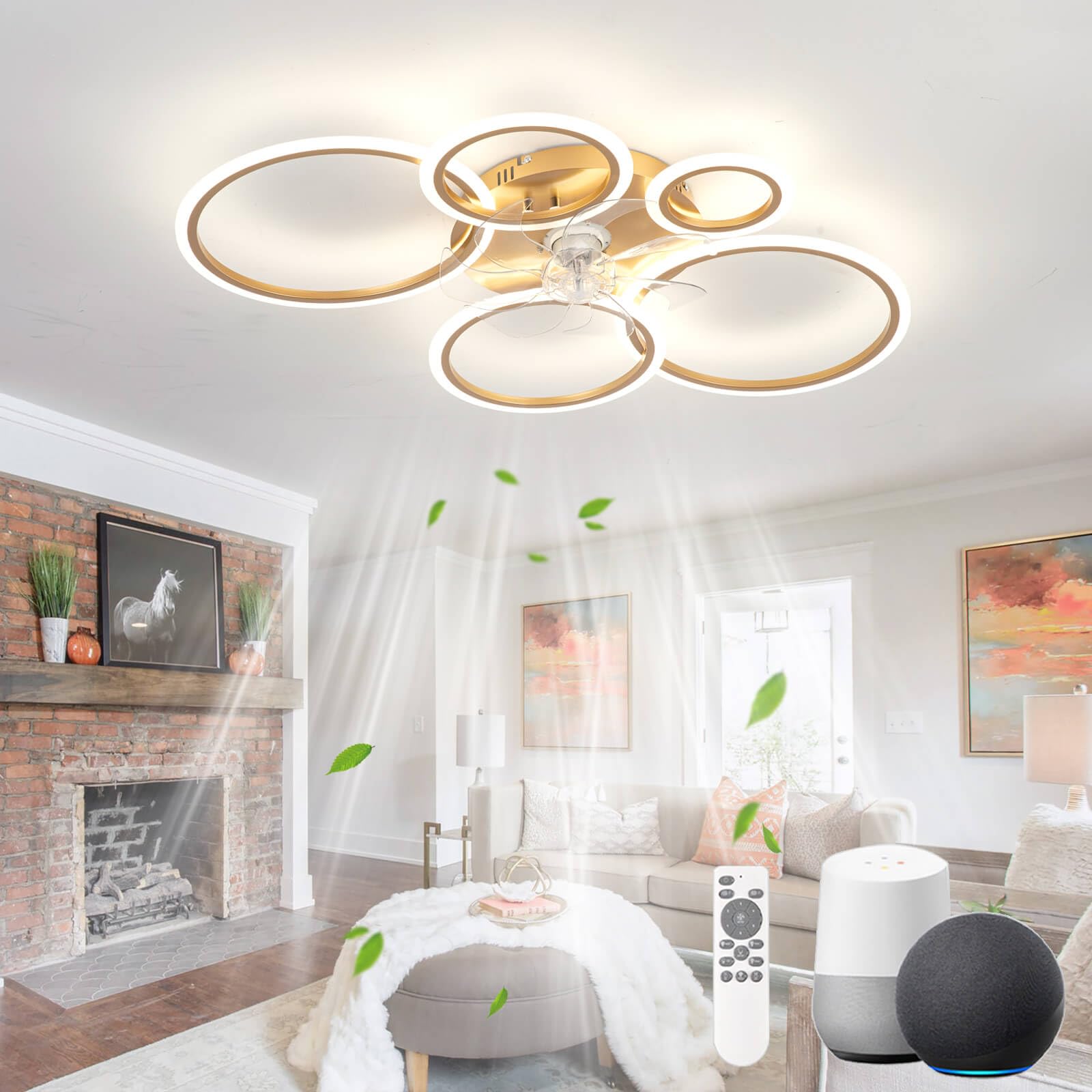 Lámpara Ventilador Sala de Estar Compatible con Alexa y Google Assistant, 100cm Ventilador de Techo con Luz Anillo, Reversible Regulable Temporizador Silencioso Ventilador, Dorado