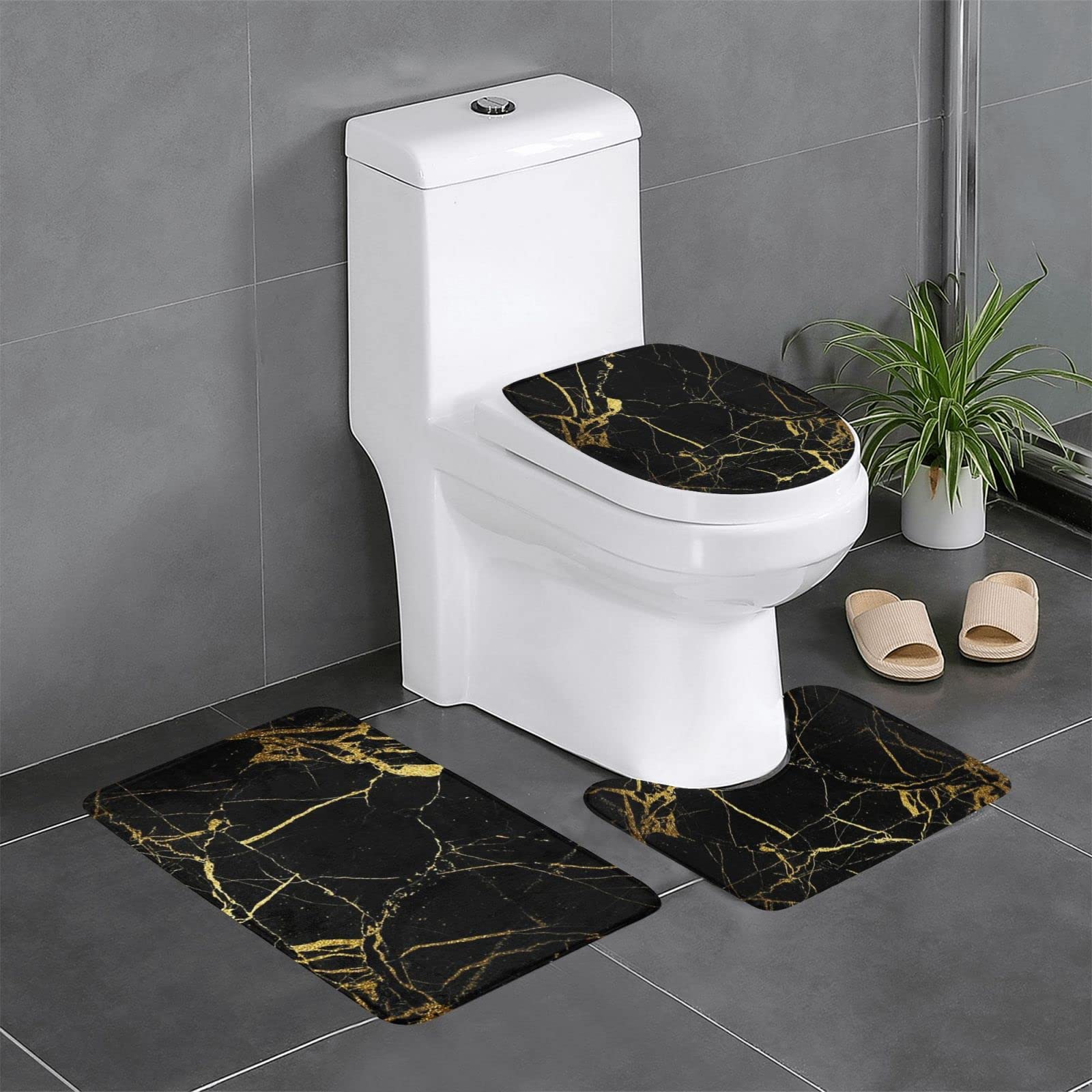 Badteppich-Set, rutschfest, ultraweich, mit U-förmigem Teppich, Wohnzimmerteppich, Schwarz / Gold, Marmor, 3-teilig