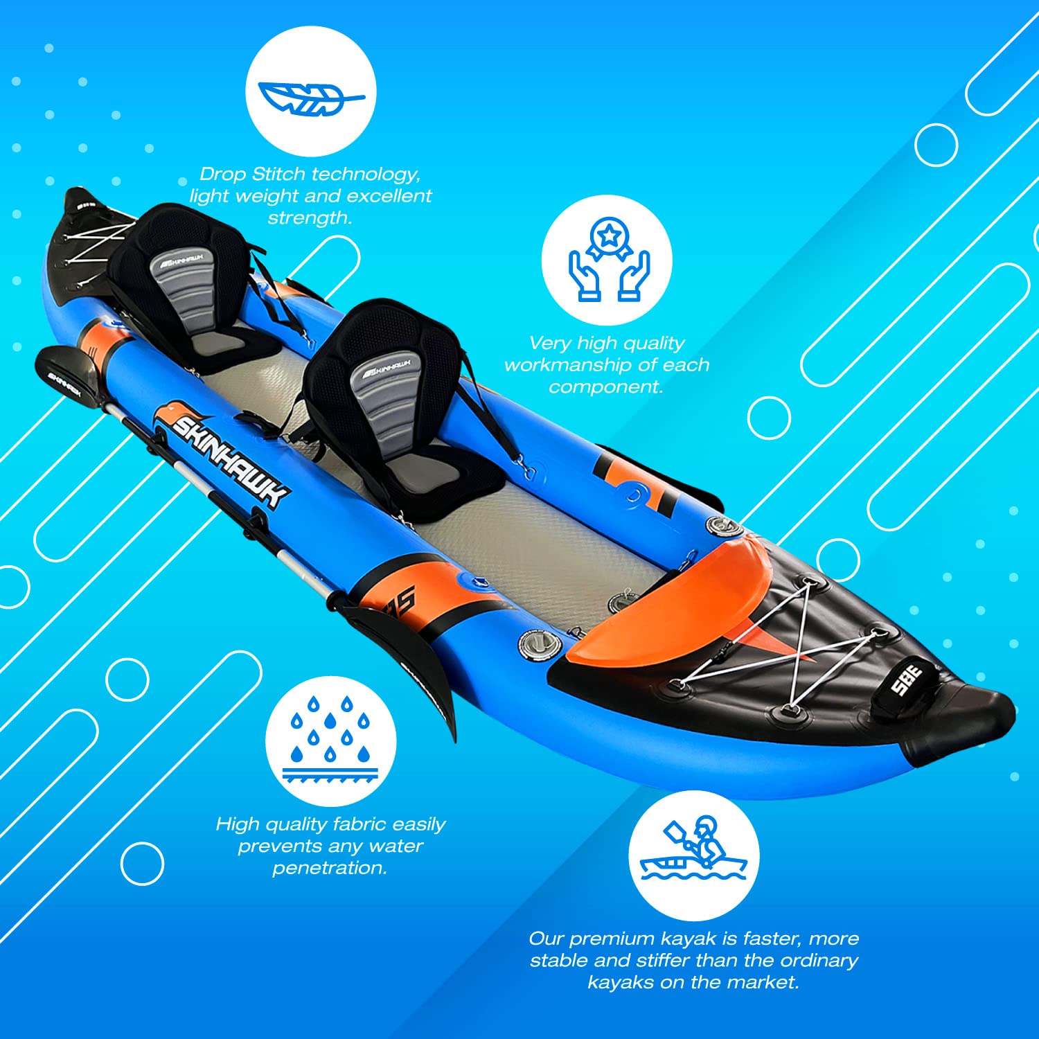 SKINHAWK Premium Drop Stitch Kajak 385 - Aufblasbares Schlauchboot Blau