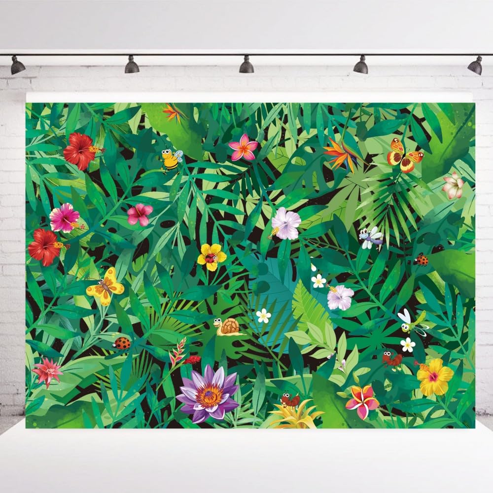 INRUI Polyester Tropical Palm Leaves Photography Backdrop Summer Jungle Wild Bee Bug Butterfly Reptile Insects Party Decorations Banner (7x5FT)