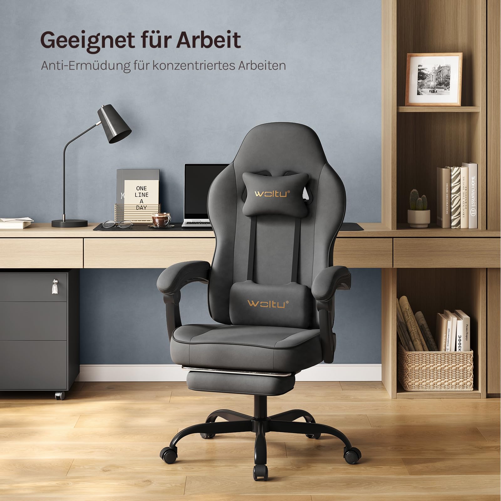 WOLTU Gaming Stuhl Stoff mit Bequemlichkeit Federunterlage, Kühl im Sommer, Gamer Chair Sessel Hohe Belastbarkeit ergonomischer mit Kopfkissen, Lendenkissen, Fußstütze, Tech-Stoff, Grau