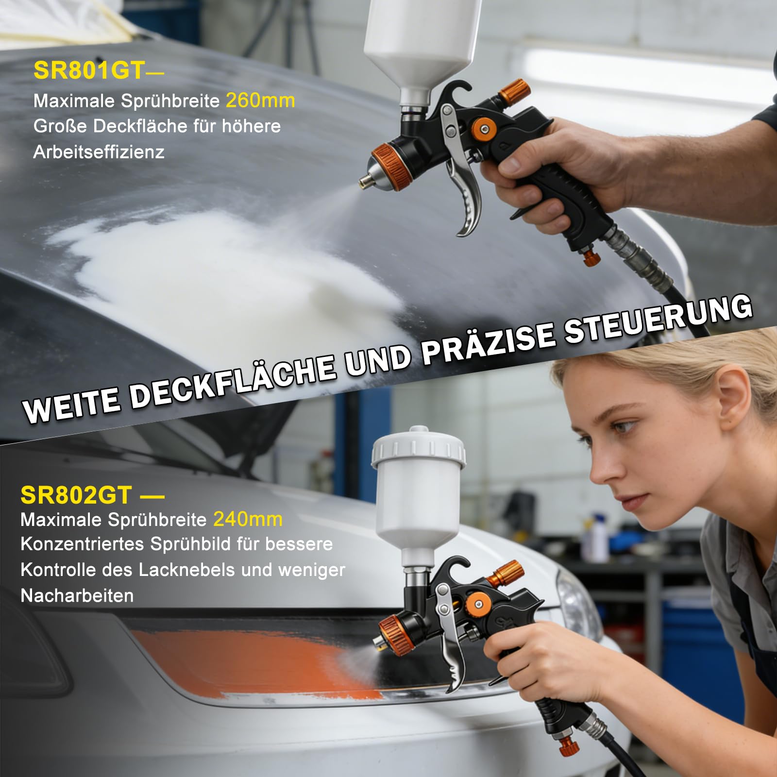 HVLP Lackierpistole Spritzpistole Kit, 2-teilige Spritzpistole, 1,0 mm (125 ml) und 1,4/1,7 mm (600 ml) Autolackierpistole mit Luftregler, professionelle Farbsprühpistole für Autolacke