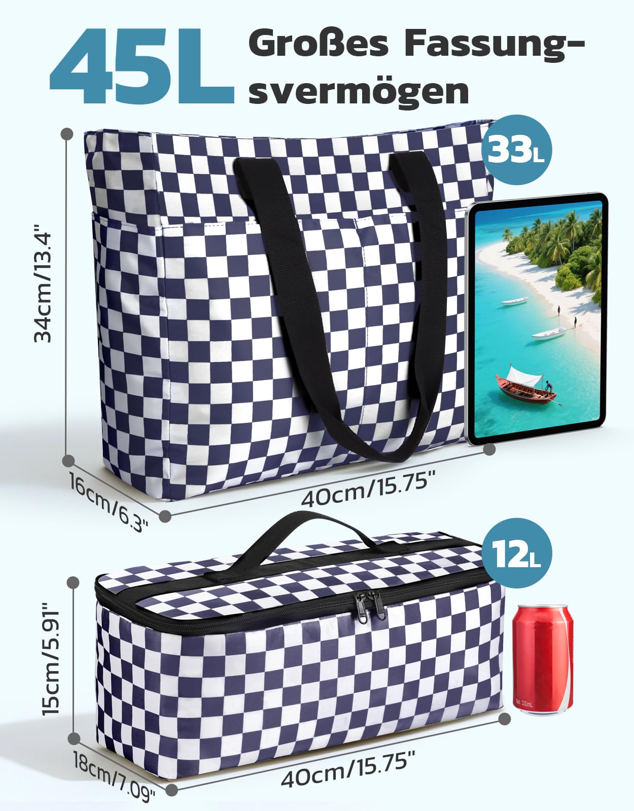 ISEYOU Strandtasche XXL Familie mit Kühltasche, Groß Strandtasche mit Reißverschluss Wasserdicht Sanddicht, Handtasche Damen 49L, Faltbar Badetasche für Reisen Fitnessstudio Picknick