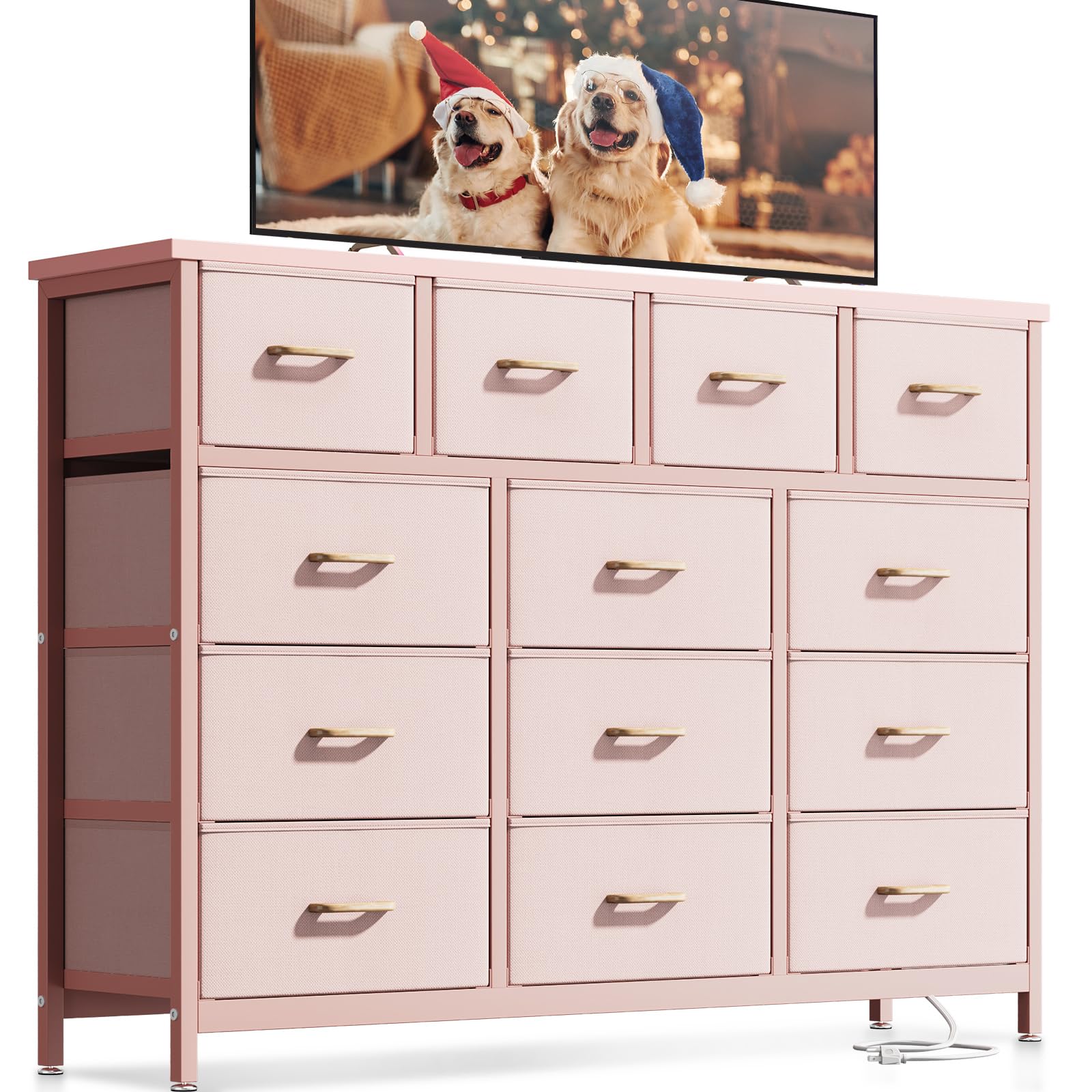 ODK Dresser with Charging Station, 57-Inch Long Dresser TV Stand for Bedroom, Large Dresser with 13 Storage Drawers, Chest of Drawers Easy-Pull Fabric Dressers for Living Room, Pink