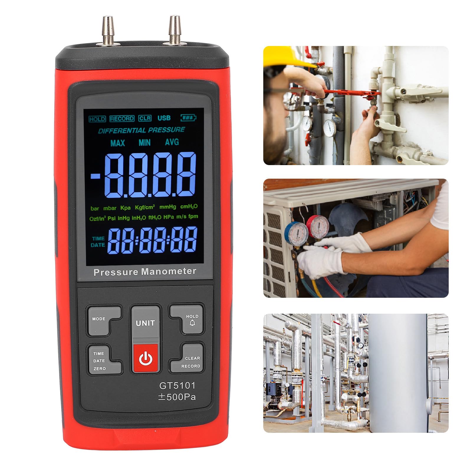 ViaGasaFamido Manómetro Digital, Probador Profesional de Presión de Gas HVAC de Doble Puerto con Manómetro Diferencial y Pantalla LCD Retroiluminada, para Medición y Calibración de Gas