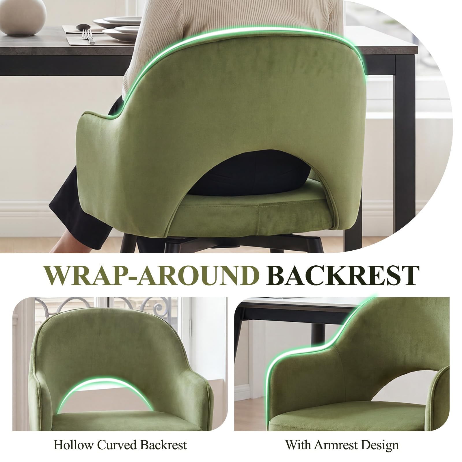 chairus Juego de 4 Sillas de Comedor Terciopelo Sillas de Cocina Giratoria con Patas Negras, Sillas de Hogar Modernas con Respaldo Hueco para Restaurante/Cafetería, Verde
