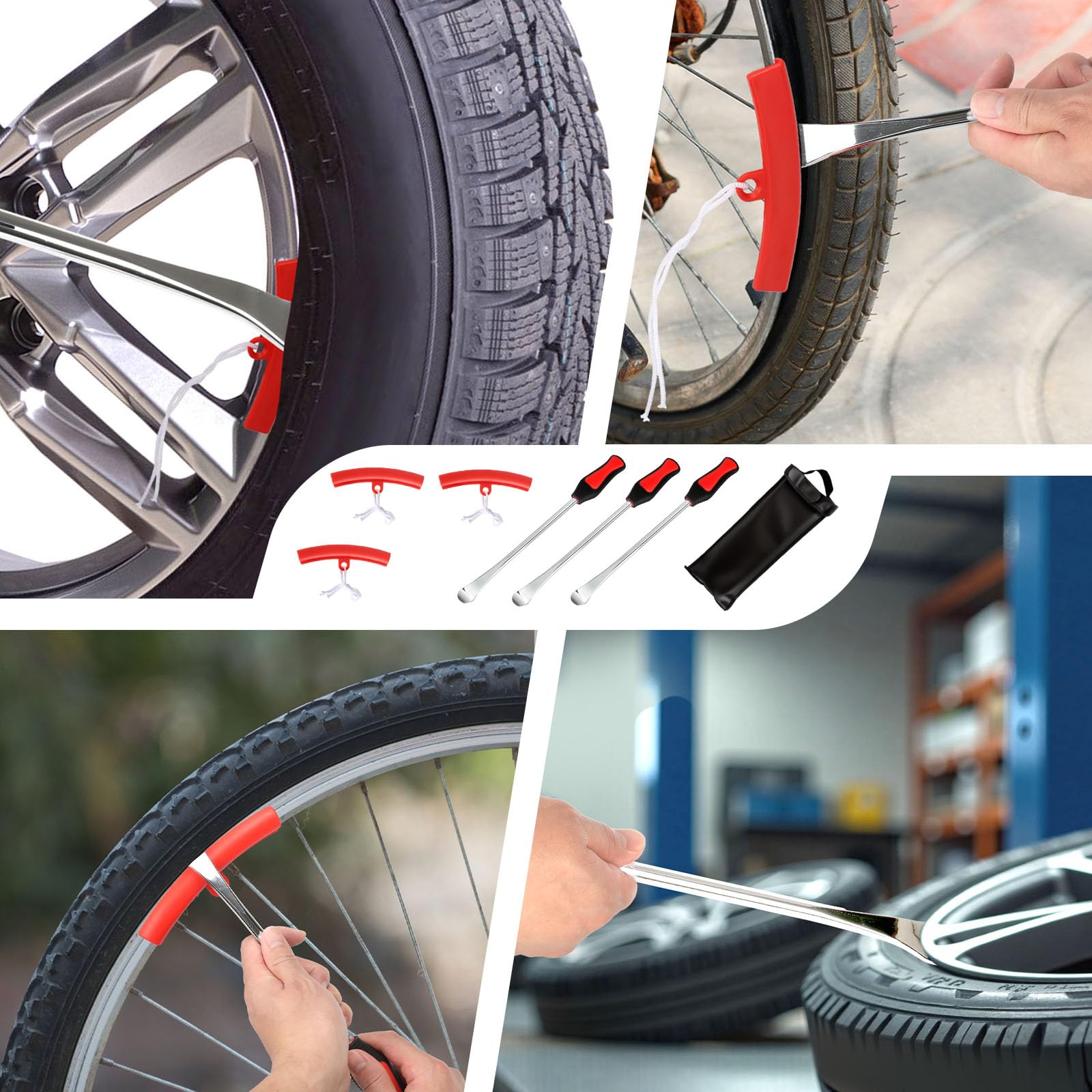 Leva A Cucchiaio in Acciaio 28 Kit,Cucchiaio Pneumatico,Leva di Montaggio per Pneumatici,Attrezzo per Montaggio Pneumatici con 3 Protezioni per Cerchi,per Pneumatici di Moto/Bici/Automobili