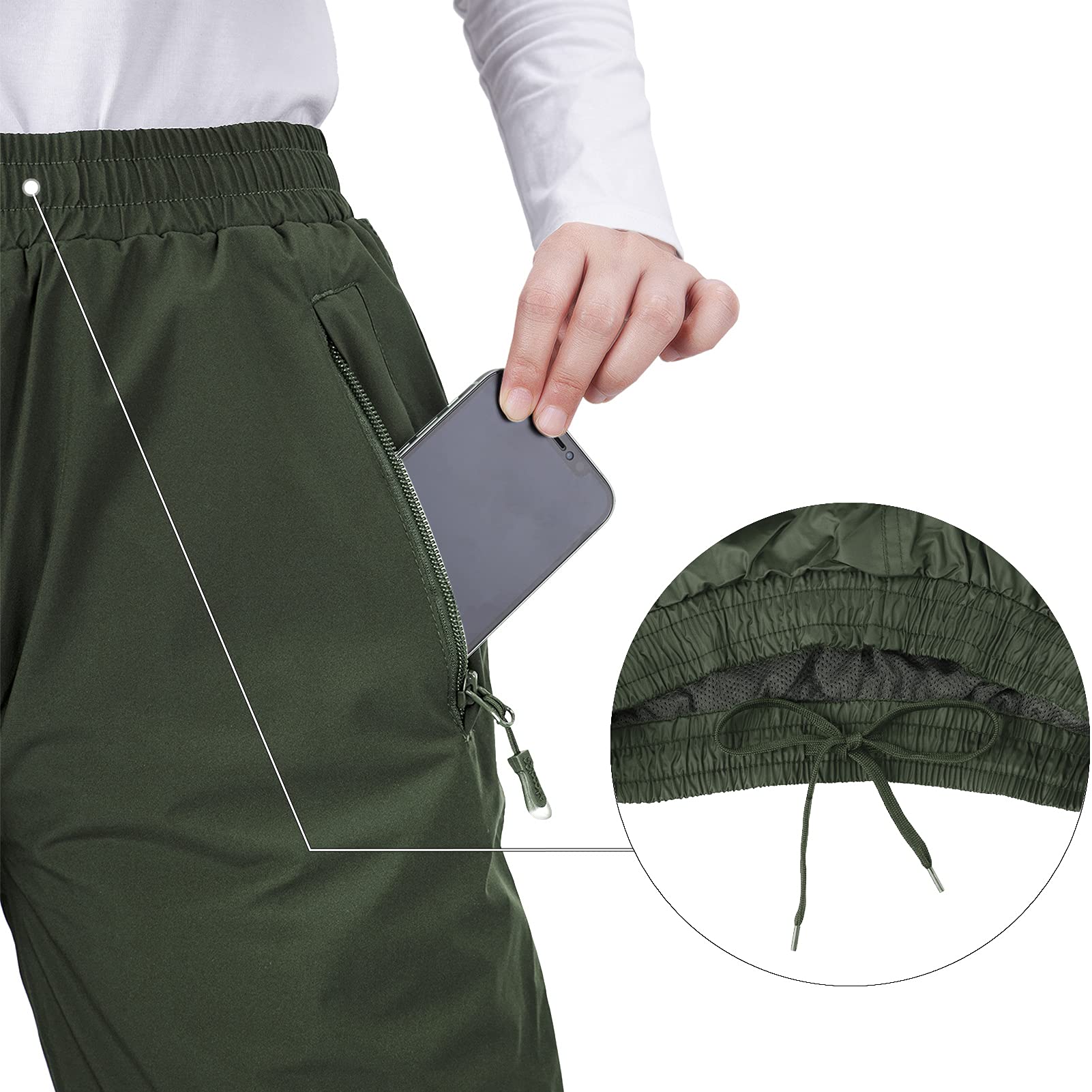 33,000ft Pantalones de lluvia para mujer, impermeables, transpirables, ligeros, resistentes al viento, ropa para exteriores, Verde militar., 21