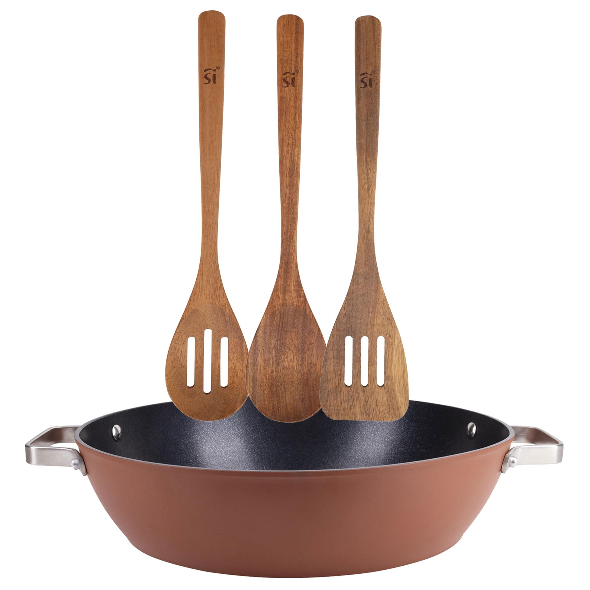 Tartera San Ignacio Ø32x8cm aluminio forjado cazuela honda con utensilios madera Agros cocina