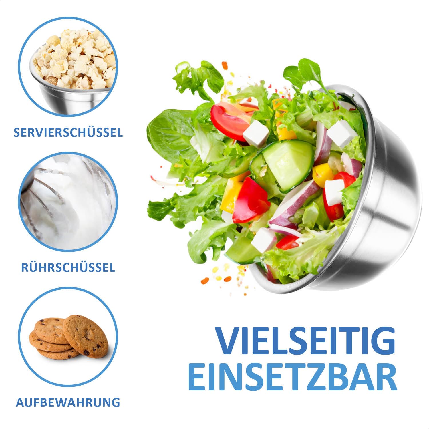 3x bol mélangeur en acier inoxydable avec couvercle - saladier en 3 tailles - bol en métal multifonctionnel - bol de service pour la nourriture (3 pièces - grand)