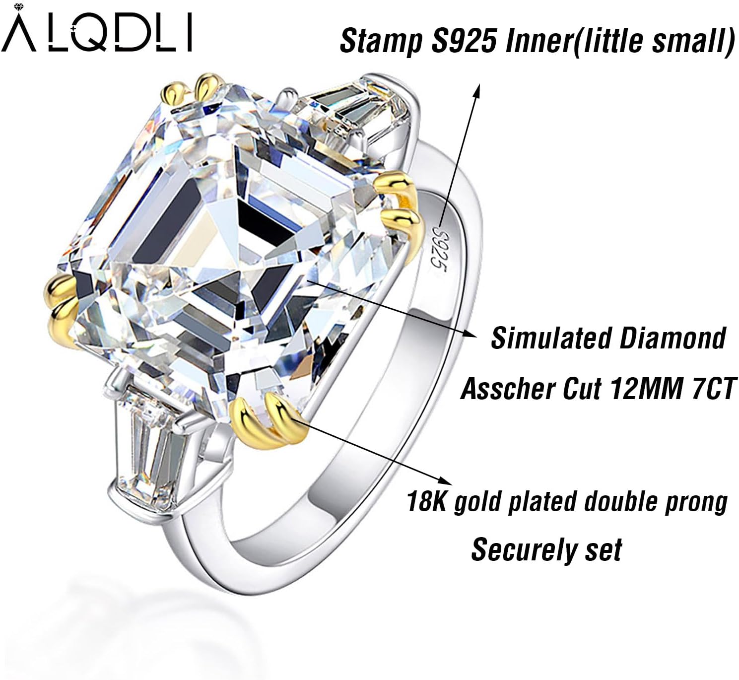7CT Engagement Ring for Women,925 Sterling Silver (Size 9) Asscher Cut 12x12MM Simulated Diamond 5A Cubic Zirconia Three Stone Wedding Ring, Promise Anniversary Christmas Gift for Her - Image 6