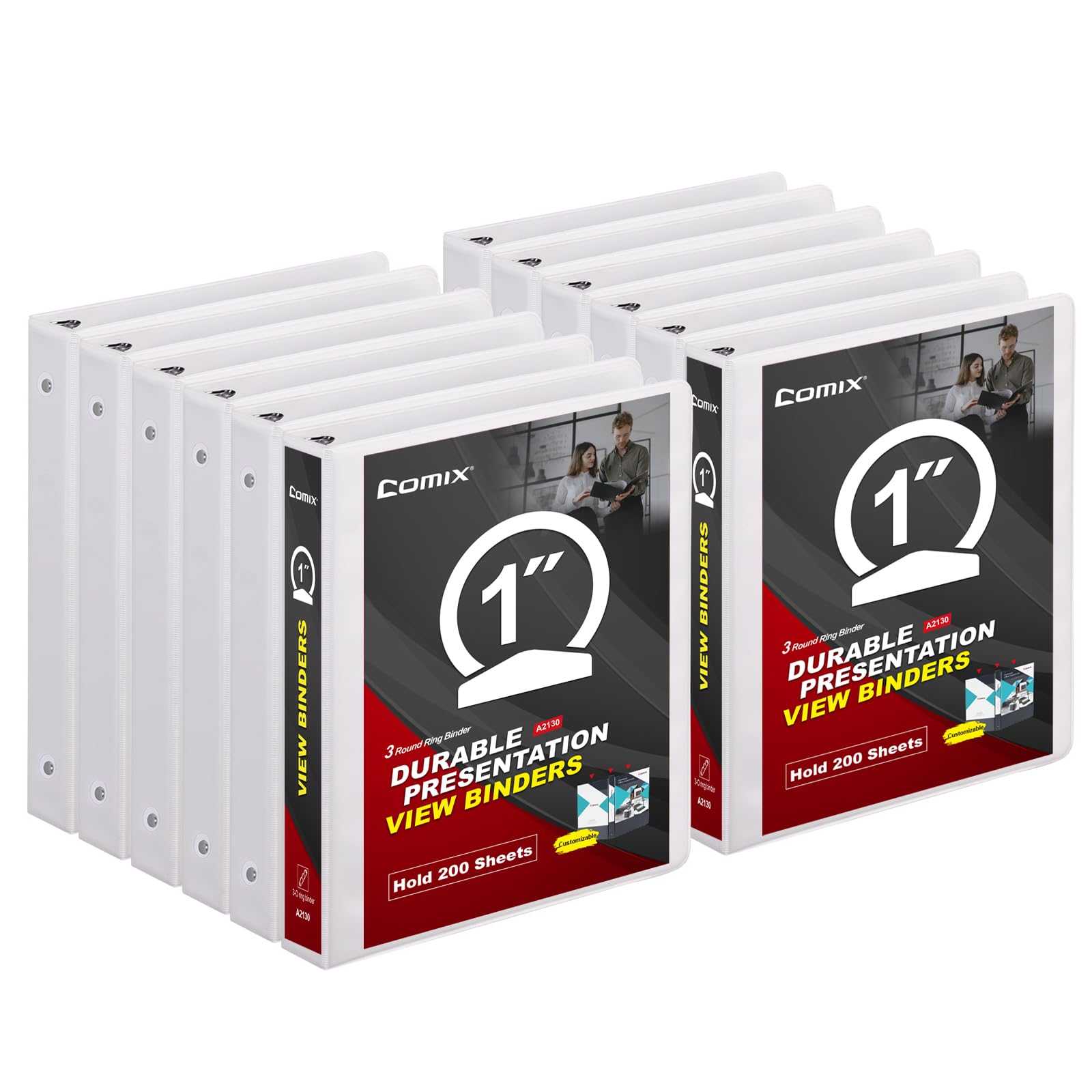 Comix Sturdy 3 Ring Binder 1 inch with Clear View Cover, 1" Round Ring View Binder, PVC-Free, 2.4mm-Thick, 200 Sheets Capacity of US Letter Size Paper, Office ＆ School Supplies, Pack of 12 (White)