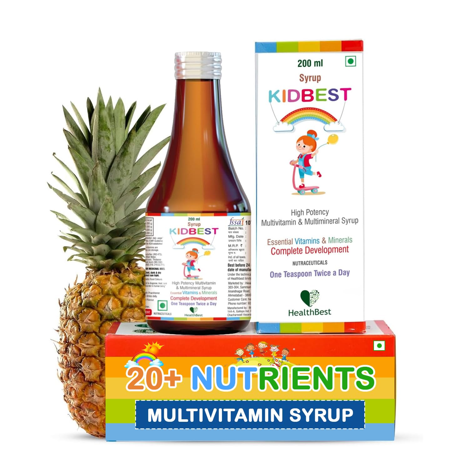 Kidbest Multivitamin Syrup for Kids 3-13 Years – Liquid Formula with 20 Nutrients for Appetite, Immunity, and Growth – Tasty Daily Vitamins for Stronger Kids | Toddler multivitamin for kids|200ml