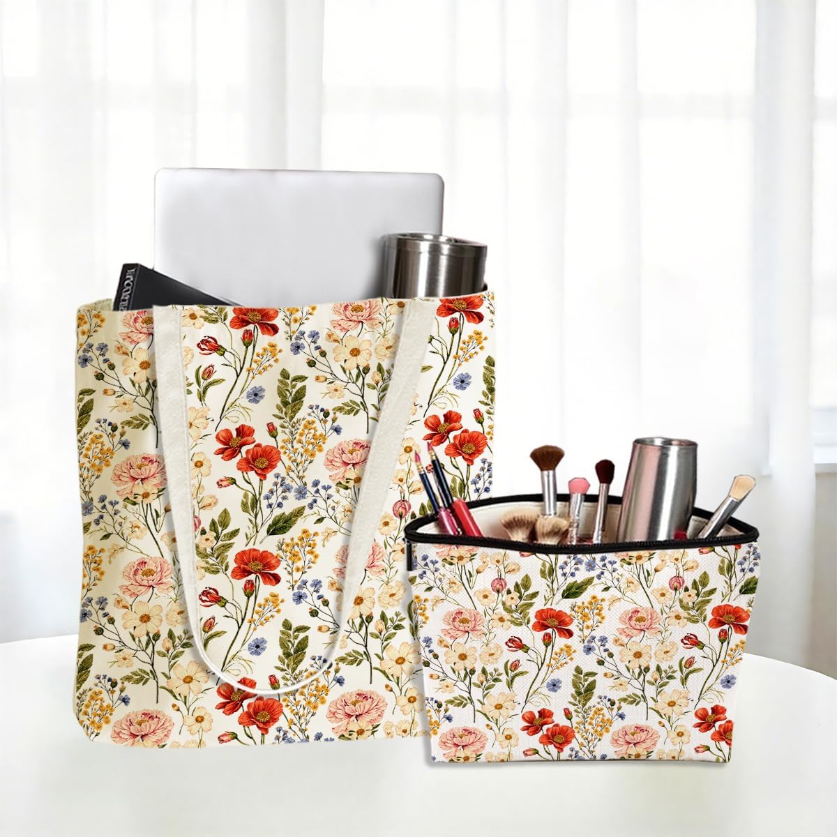 Flower Plant Lover Gifts for Women Canvas Tote Bag with Makeup Bag Cosmetic Bags Grocery Bags for Shopping Christmas - Image 5