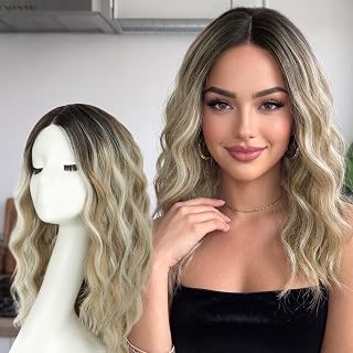 AISI HAIR Wig for Women Medium Length Wave Curly Glueless Synthetic Heat Resistant Hair Wigs for Daily Party Cosplay (ash blonde balayage, 18 inch)