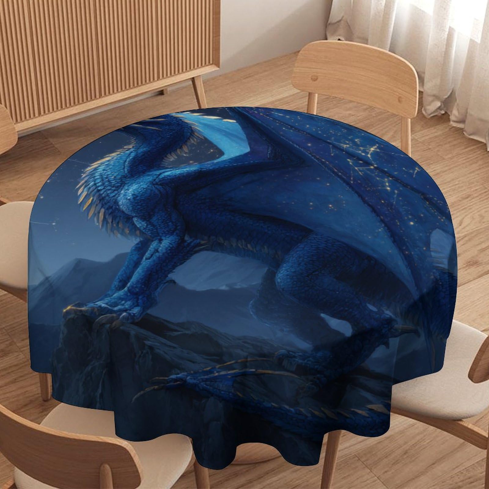 LUYYSKY Cool Realistic Western Dragon Waterproof Round Tablecloth Retro Mid Century Starry Sky Fantasy Mythical Animal Dragon Pattern Washable Table Cover for Kitchen-177.8" Wx177.8 L cm