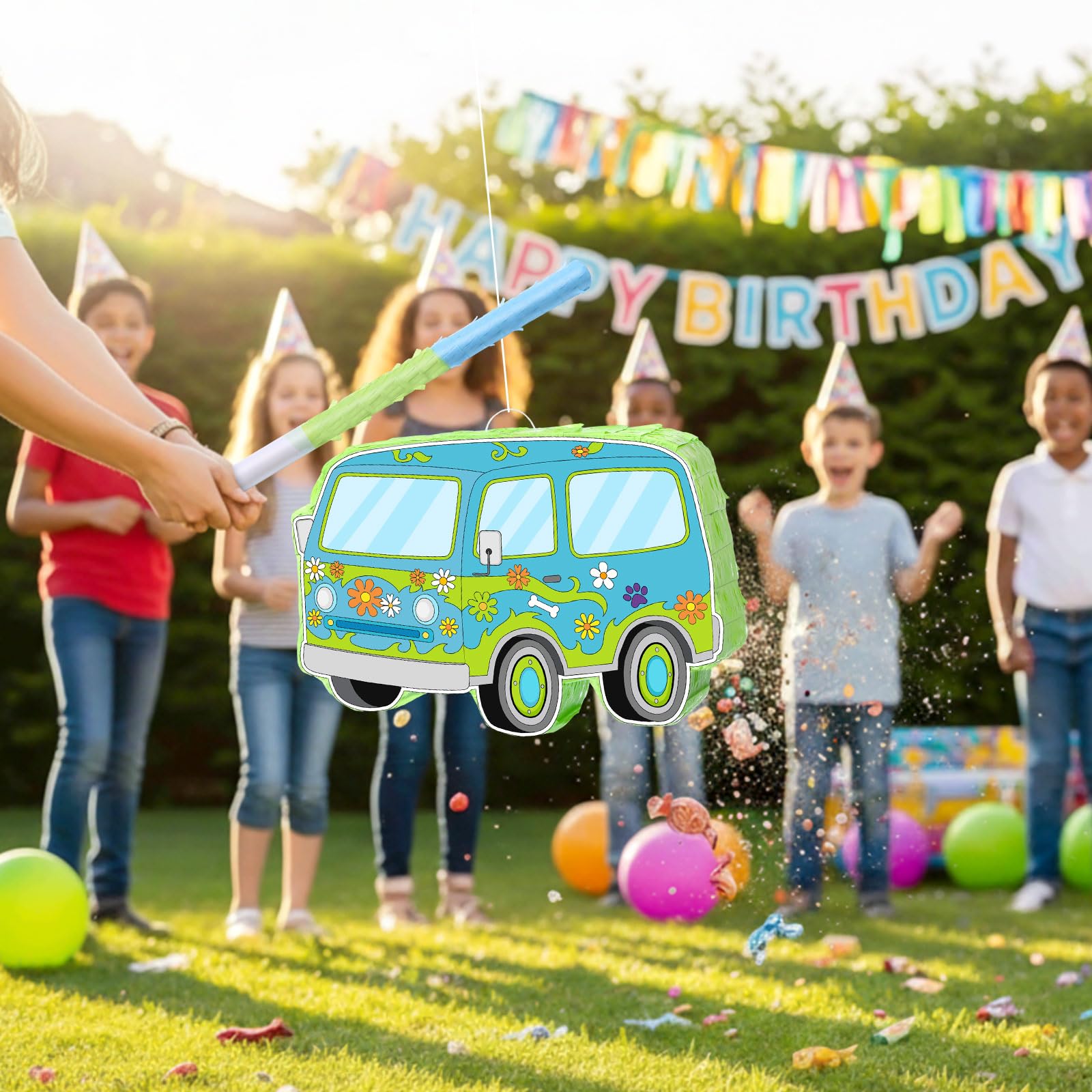 Threan Decoración de fiesta temática de perro, piñata de coche de dibujos animados, hippie, Groovy Daisy Piñata, juego con palo con los ojos vendados, para niños y niños, decoración de fiesta de