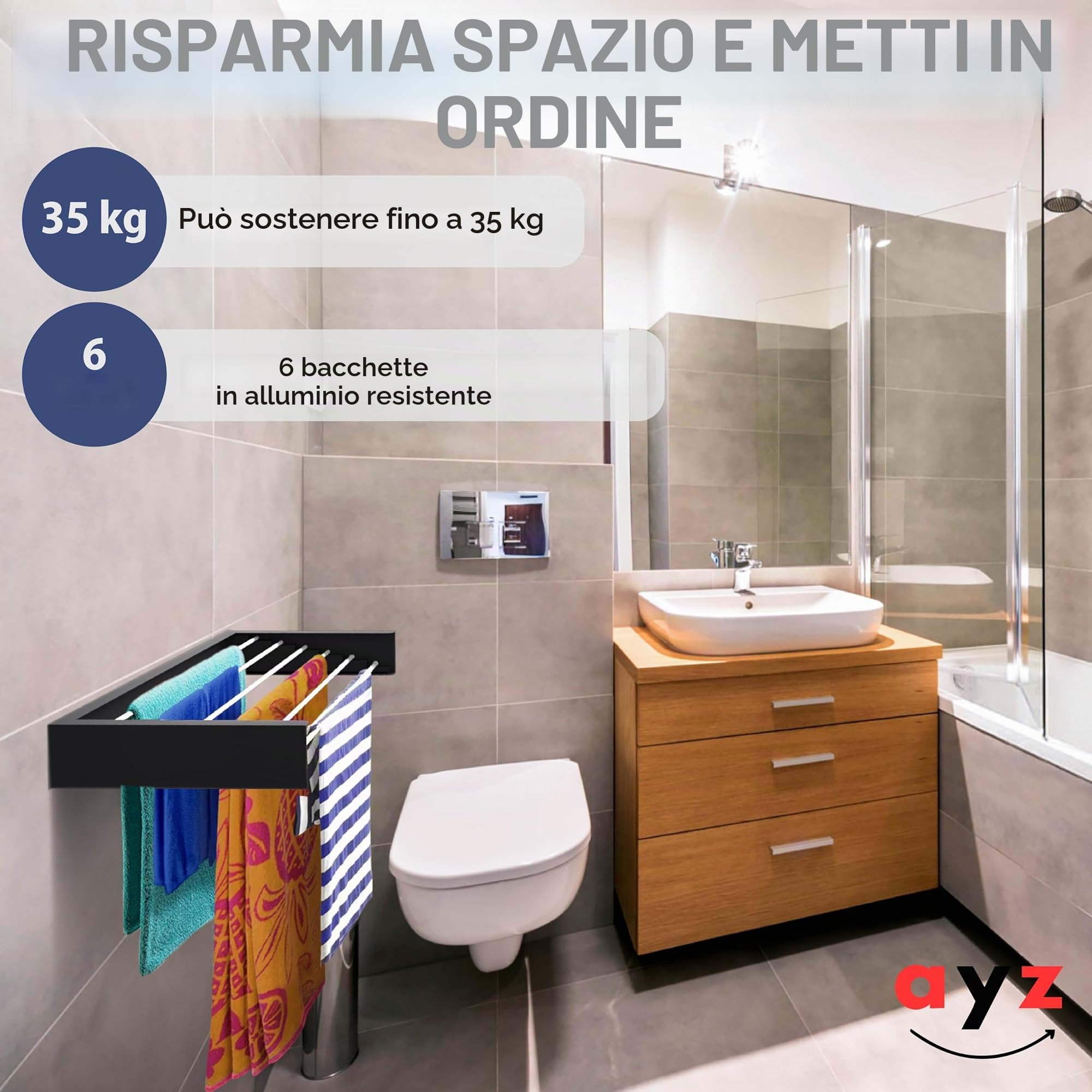 AYZ Stendibiancheria da parete, asta appendiabiti, capacità 35 kg, facile da installare in interni ed esterni
