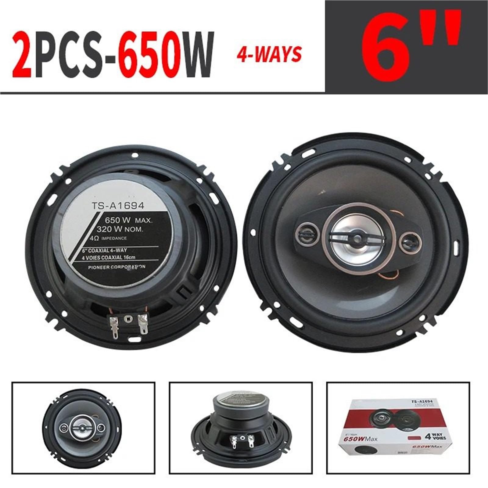 Głośnik Głośnik Wysokotonowy 1 para 6-calowych 4-drożnych głośników współosiowych HiFi 650 W, głośniki stereo do muzyki samochodowej o pełnym zakresie częstotliwości