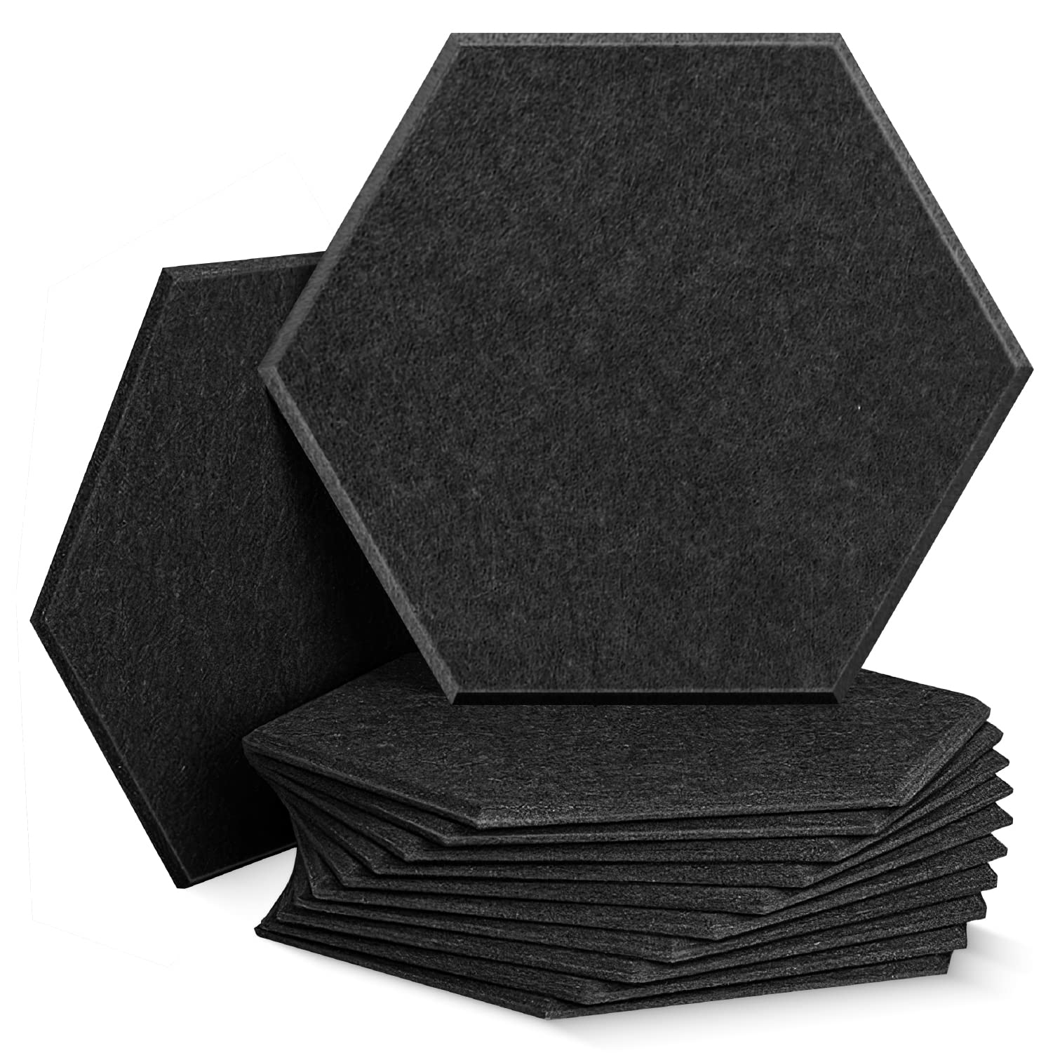 Hexagon Acoustic Panels, 12-Pack - Self-Adhesive Sound Absorbing Panel Tiles, 14 x 13 x 0.5 Inches Each, Made of Thicker Polyester Fiber Sound Foam with Beveled Edges for Superior Soundproofing, Black