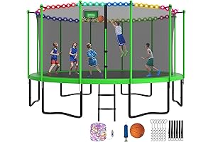 14FT Trampoline with Basketball Hoop, Waterproof LED Lights, Widened Ladder, ASTM Approved YORIN