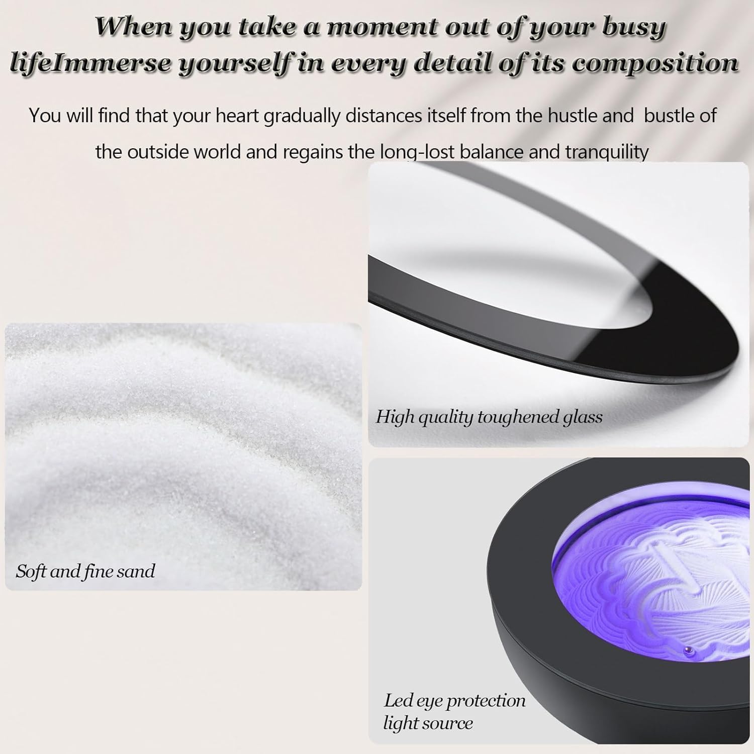 Zen - Bandeja de pintura de arena para meditación con 19 patrones, luz LED de 7 colores, vidrio templado para aliviar el estrés y reducir la ansiedad