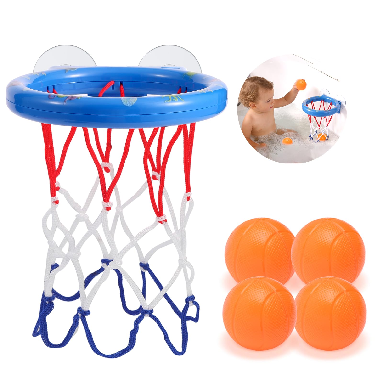 Bath Toys Basketball Hoop for Kids Toddlers Ages 1-8, Suction Cup Bathtub Set with 4 Hole-Free Balls, BPA-Free Plastic, Sports Theme (Ocean Blue)