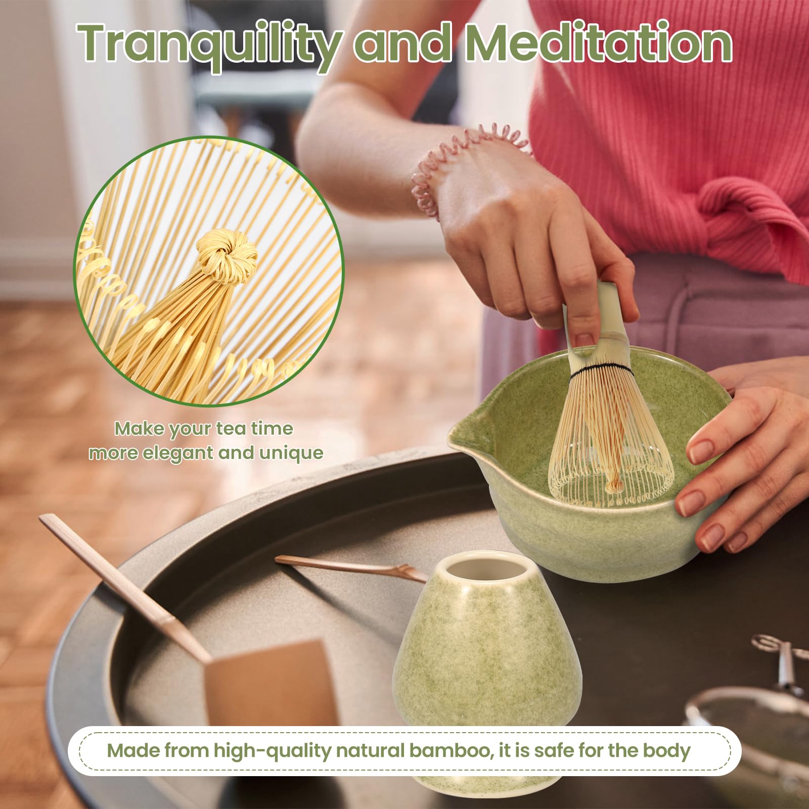 Kit Matcha Complet 8 Pièces - Bol, Fouet, Tamis, Support... - Pour Cérémonie Du Thé - Vert