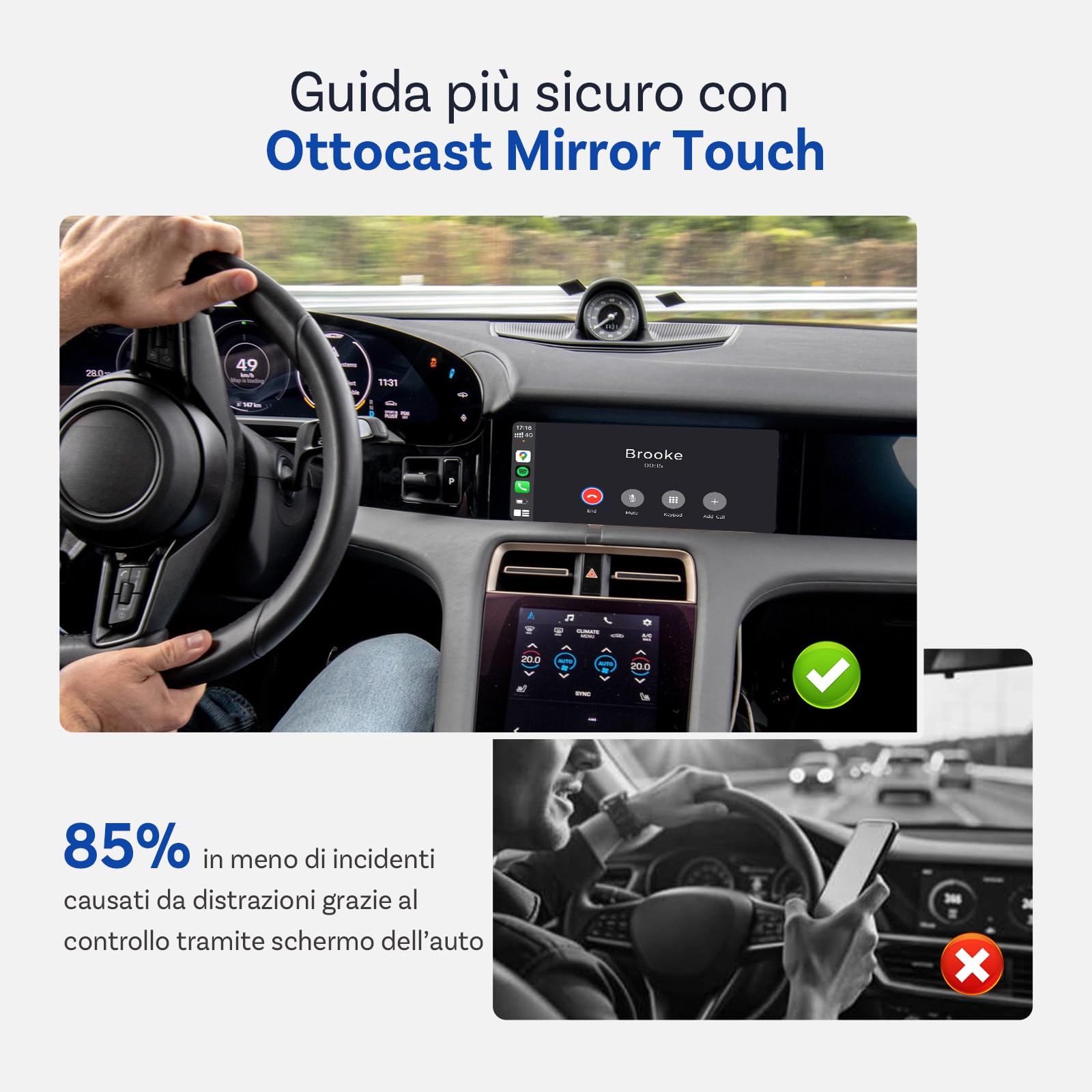 [Novità 2025] OTTOCAST Mirror Touch, Adattatore CarPlay Wireless con Controllo Touch Bidirezionale, Funziona con iPhone 15+ e Telefoni Android con Funzione DP per Auto con CarPlay Cablato di Fabbrica