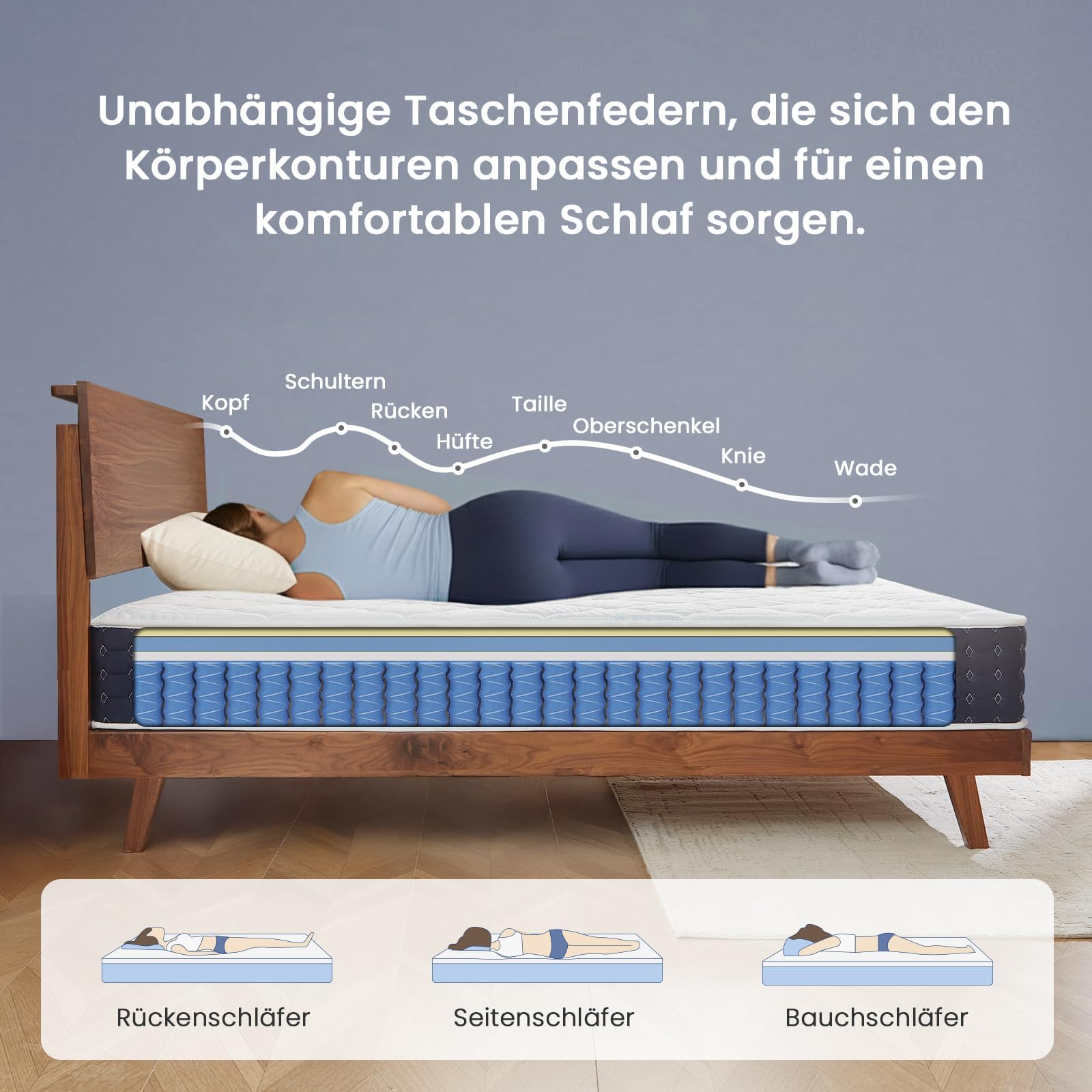 Coolvie Matratze 90x200 cm Höhe 20 cm H3 Mittelhart | Orthopädische 7-Zonen Taschenfederkernmatratze mit Komfortschaum für Seiten- und Rückenschläfer, Öko-Tex Zertifiziert