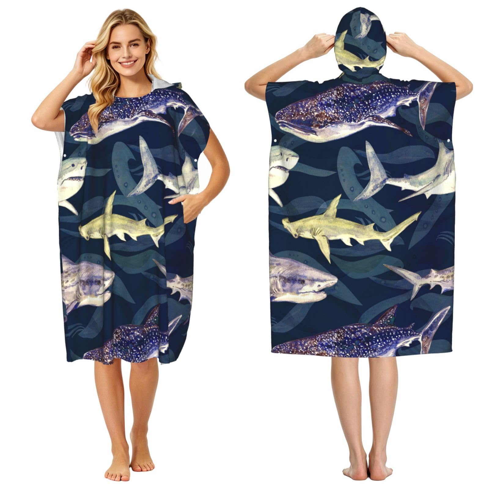 Poadnly Shark Whale Marine Life, Adult Hooded Beach Towel 90 x 110 cm,Changing Bath Robe, Surf Poncho Towel For Women Men